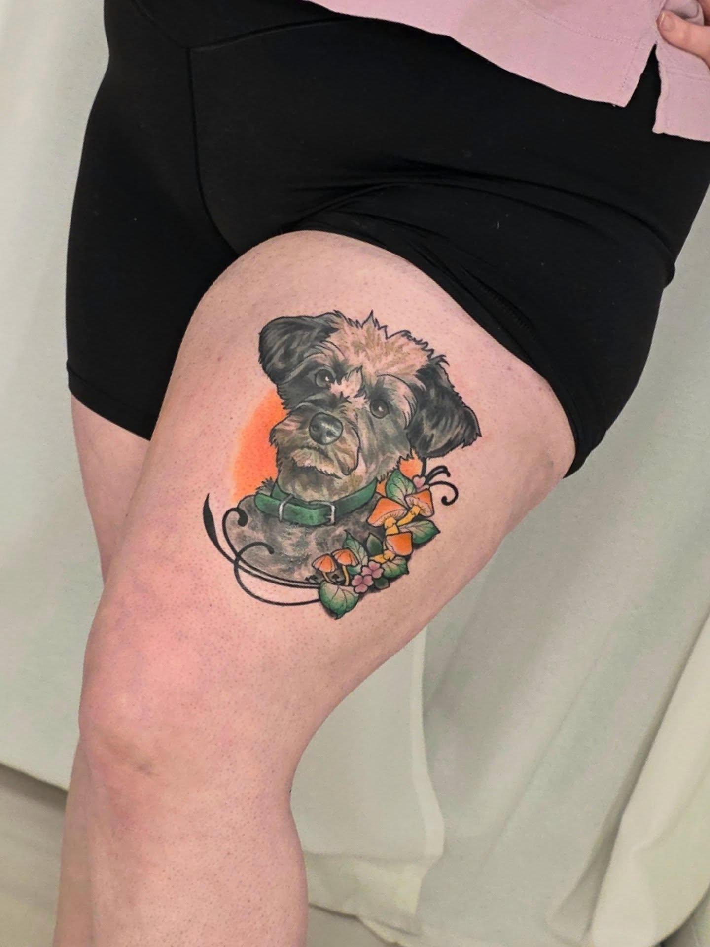 Dog portrait realism tattoo on the thigh by April High ☆ Tattoo Artist