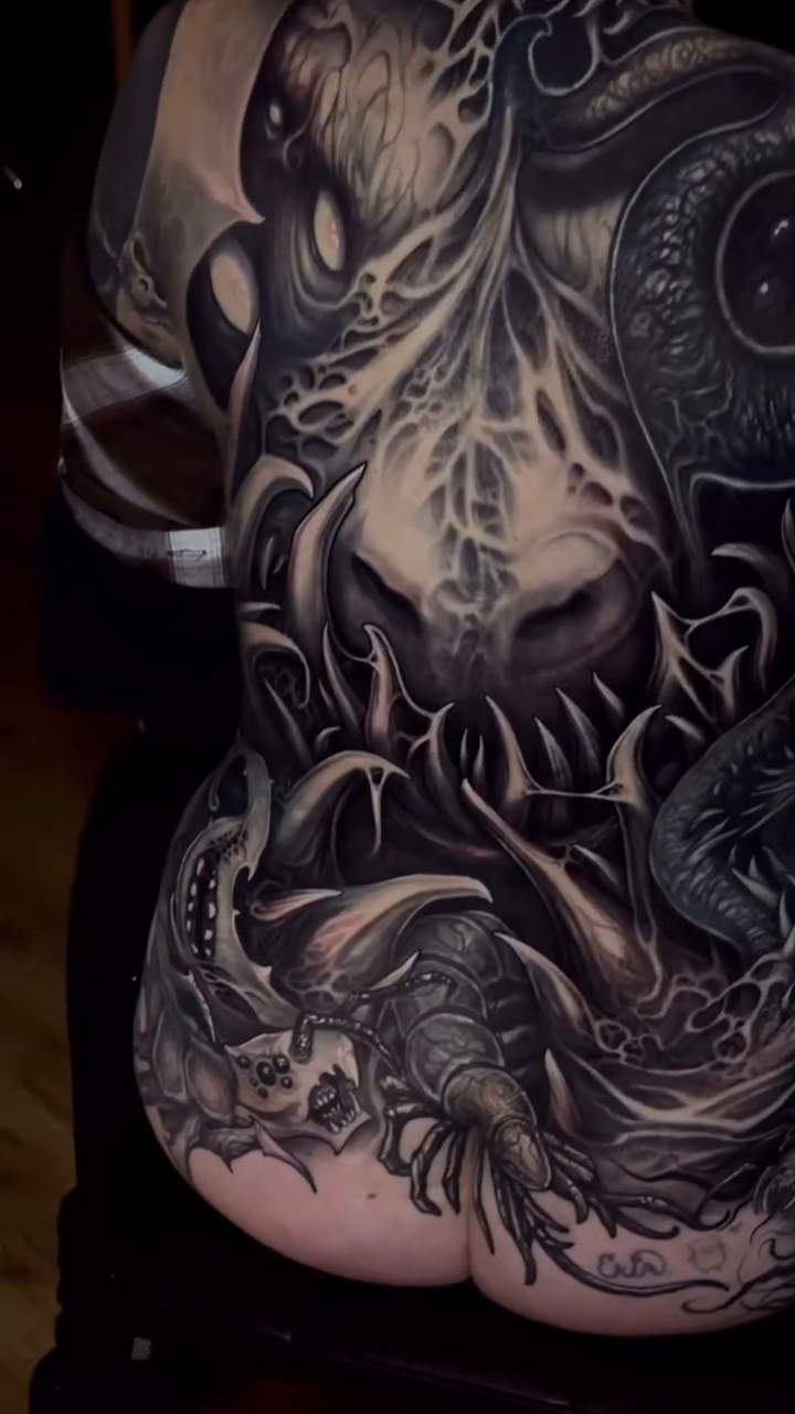Tattoo by @aaronmtattoos — dark_realism, black_and_grey