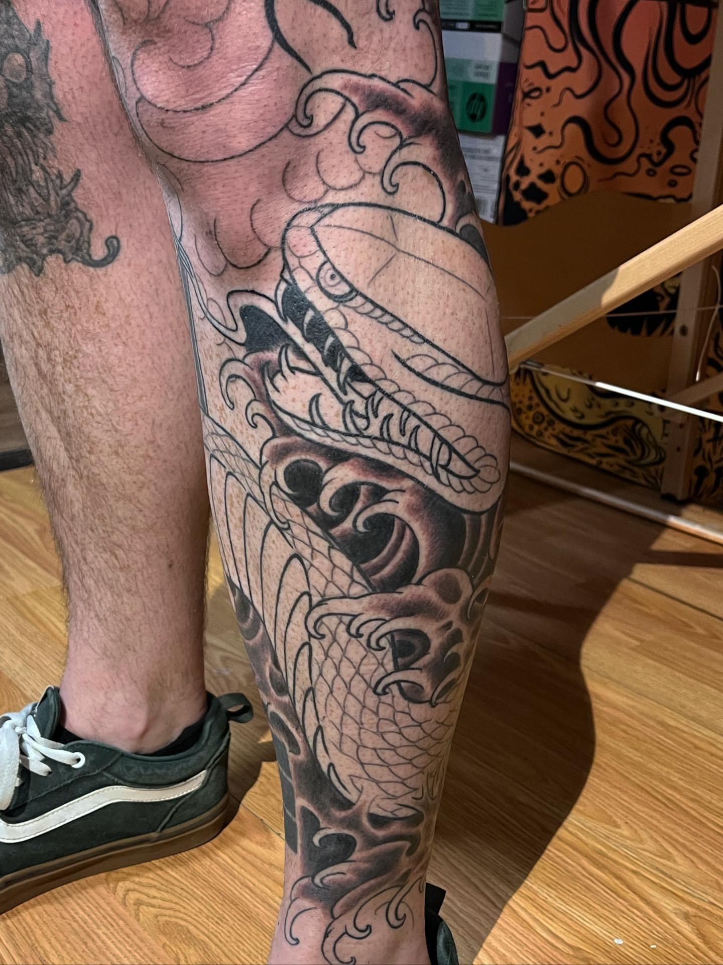 Dragon japanese irezumi tattoo on the calf by TYP 419, Toledo, Ohio