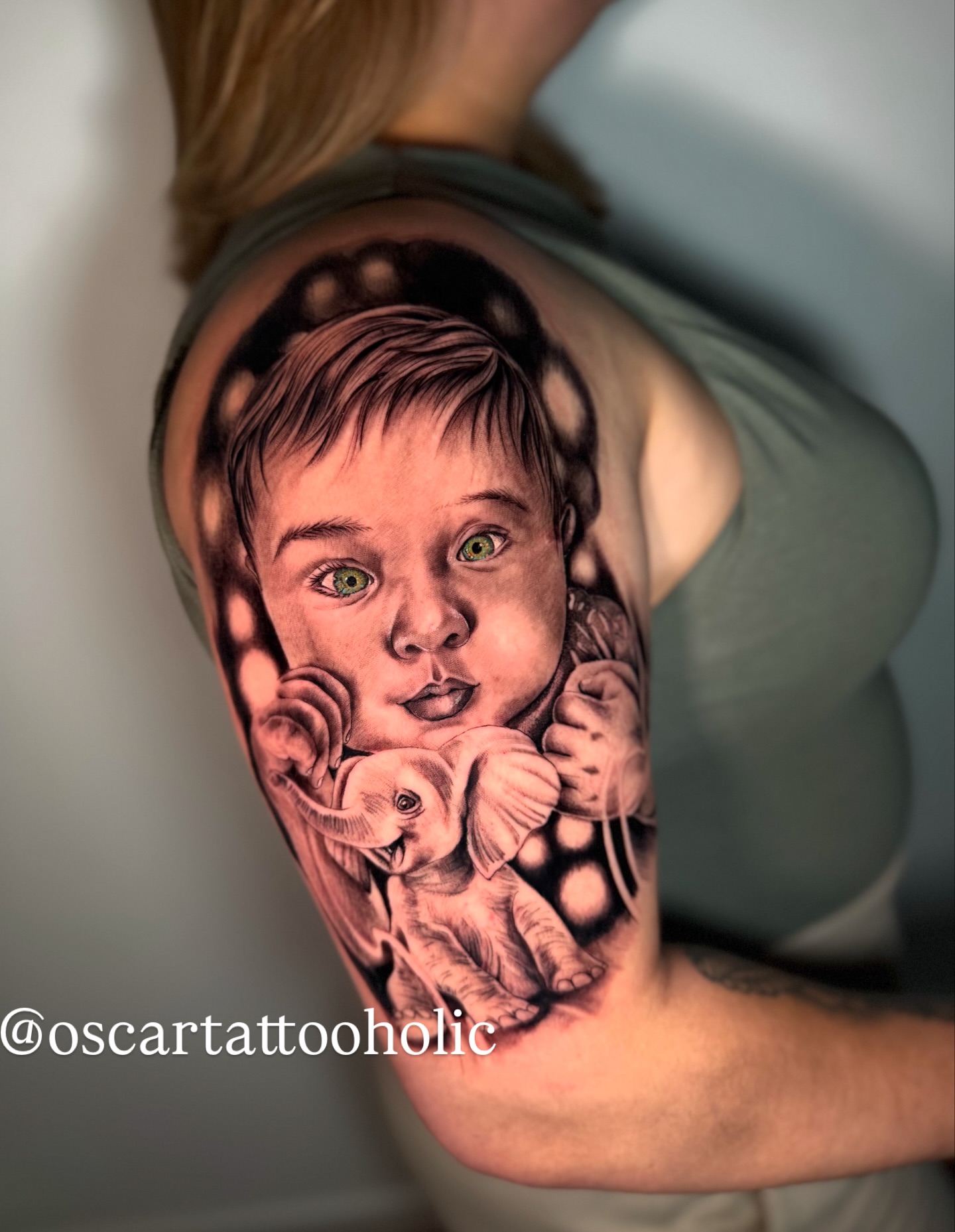 Child with elephant realism tattoo on the forearm by Oscar Tattooholic ( REALISM ANIME INK )