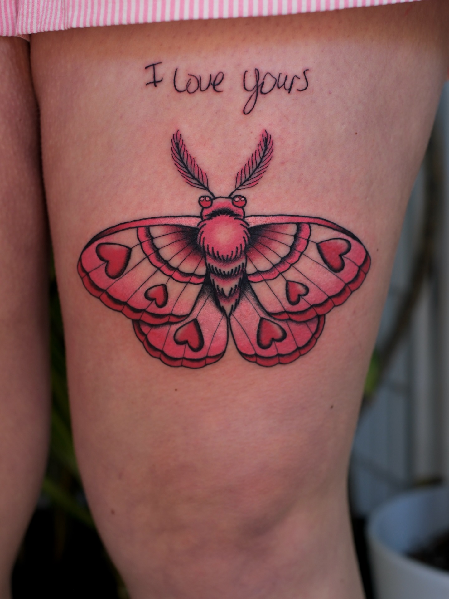 Moth with hearts dotwork tattoo on the thigh by Mallory Murphy, Denton, Texas