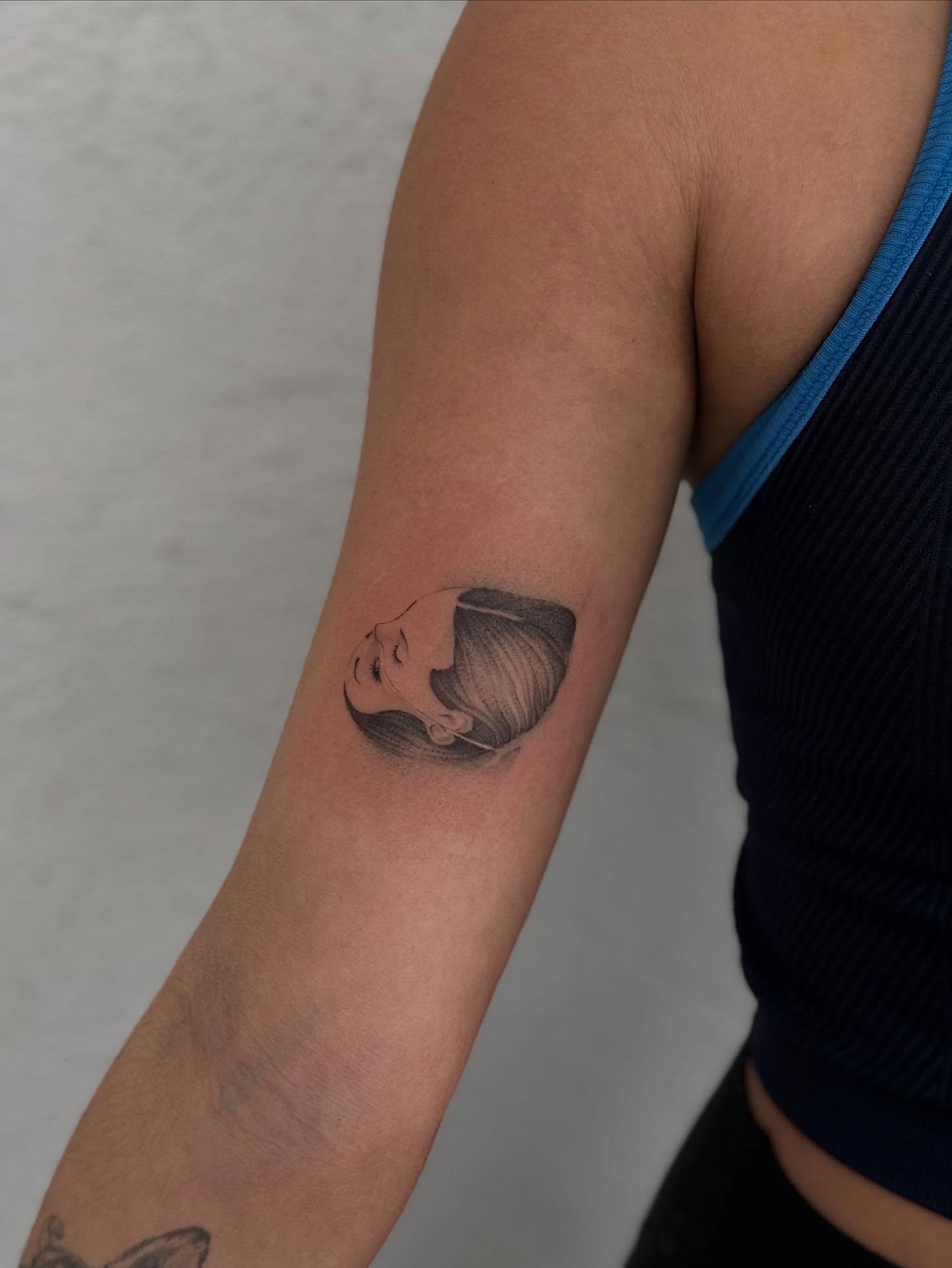 Portrait realism tattoo on the forearm by Karina ⋆⭒˚.⋆