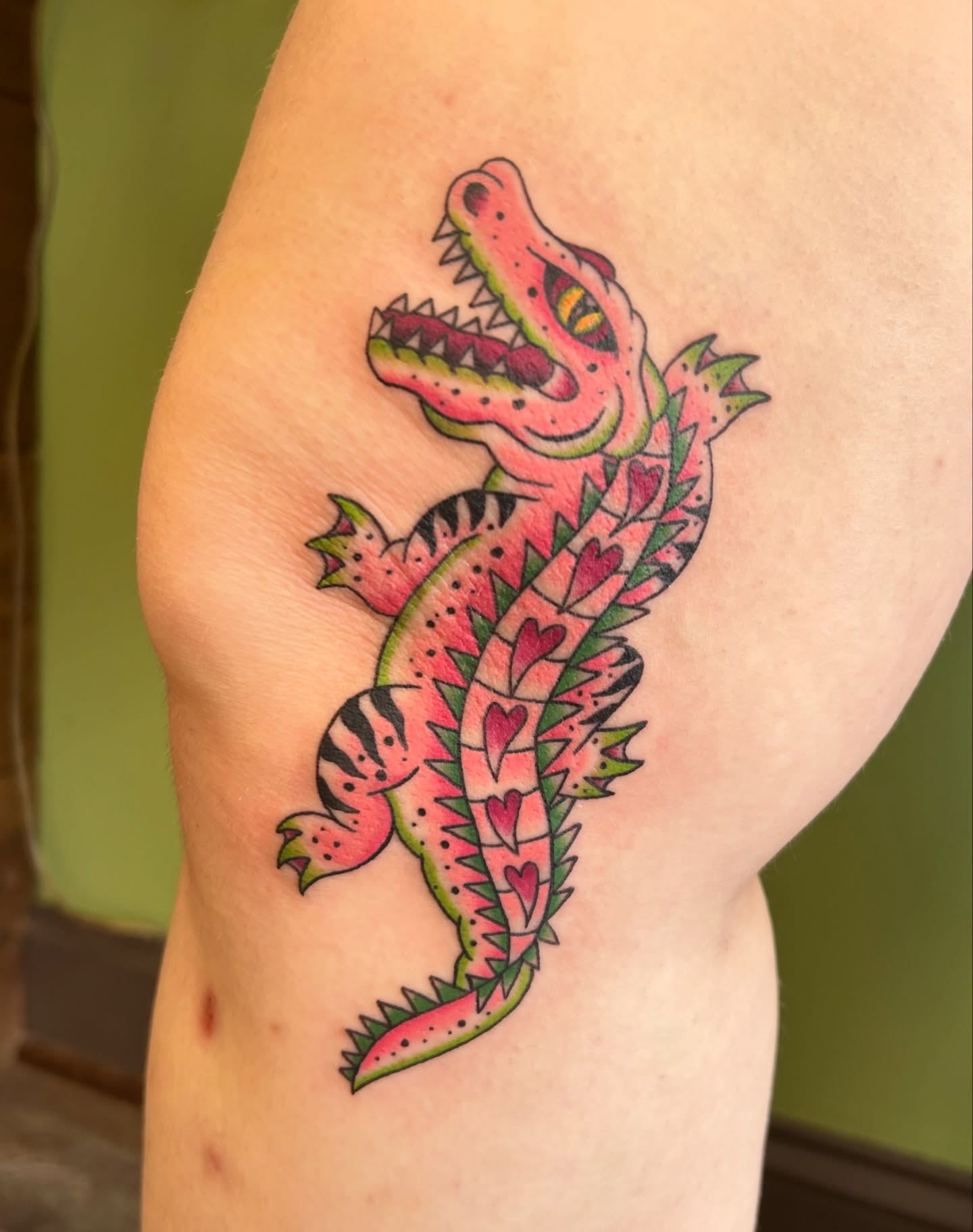 Alligator American traditional tattoo on the thigh by Courtney