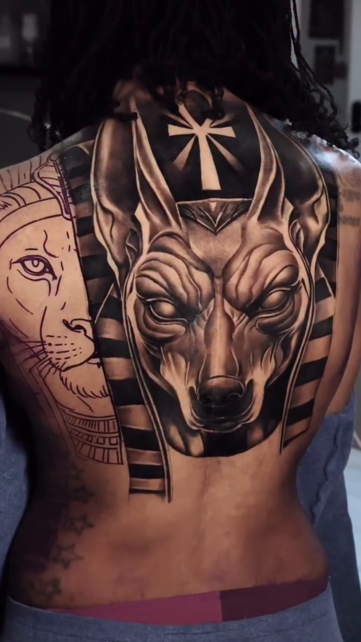 Anubis head with Egyptian headdress realism tattoo by Ali Saleh 🇱🇧 Detroit Tattoo Artist, Dearborn, Michigan