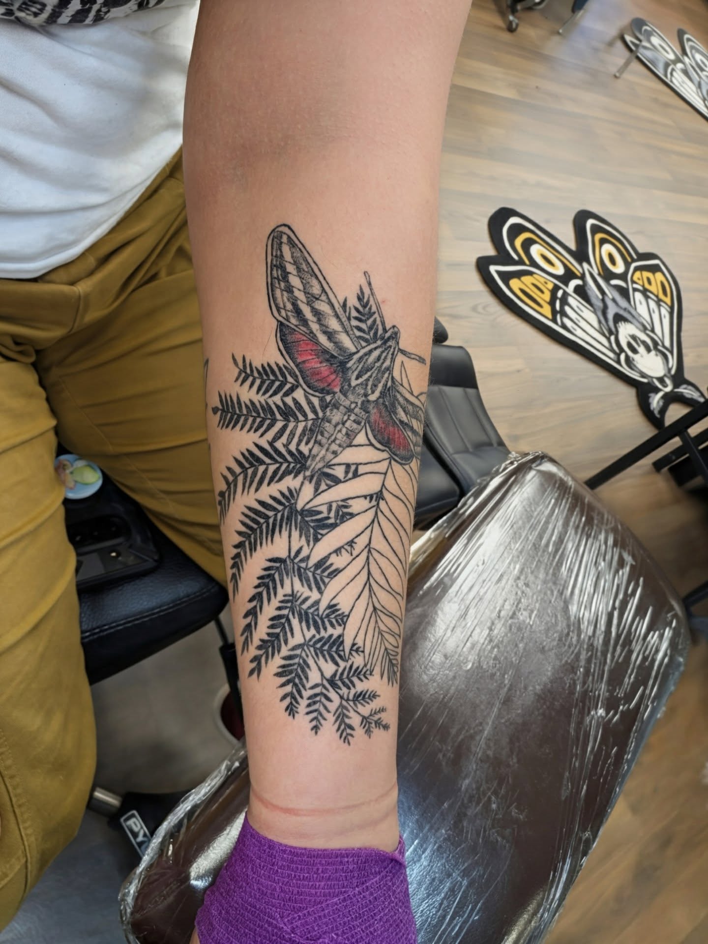 Moth and fern realism tattoo on the forearm by Devon Ward, Portland, Oregon