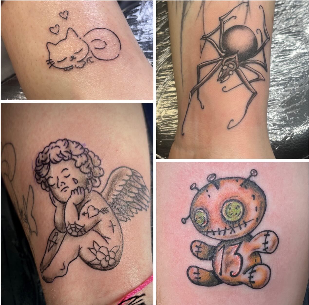 Cat black and grey tattoo on the forearm by Rayne