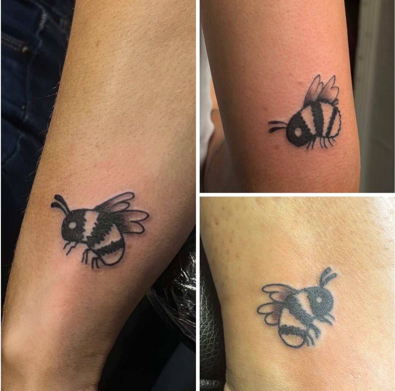 Bumblebee black and grey tattoo on the forearm by Rayne