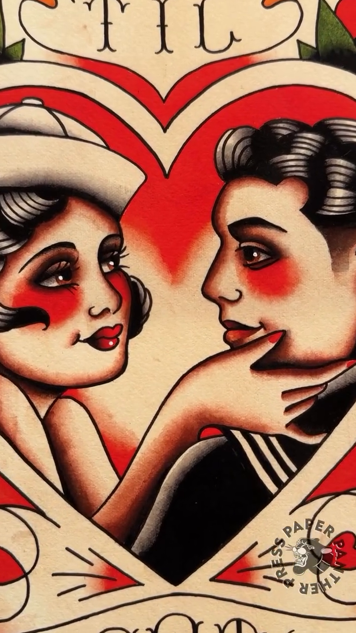 Couple in a heart American traditional tattoo by Stacey Martin Smith