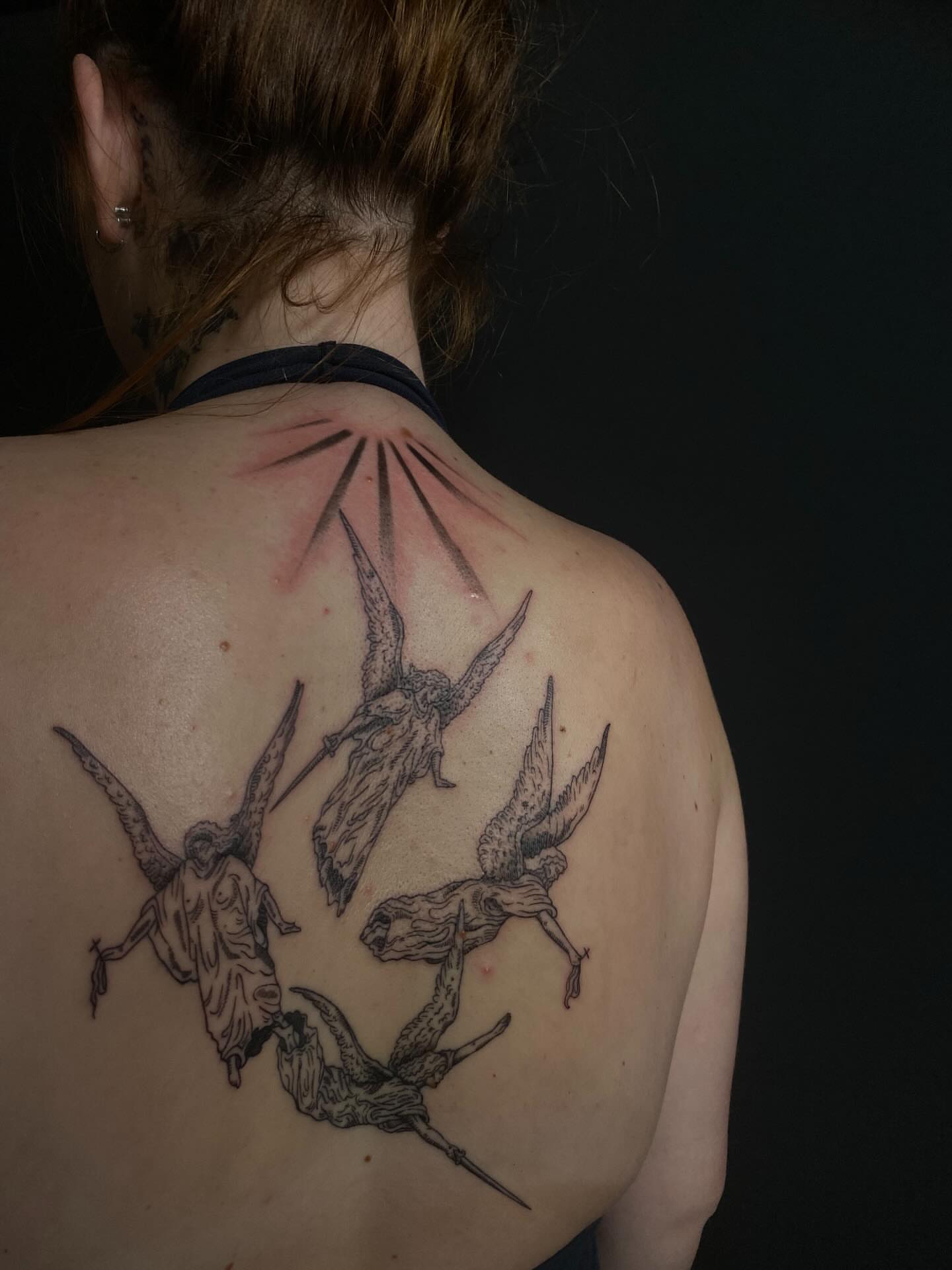 Swallows black and grey tattoo on the back by 𝕶𝖆𝖒 ~ 𝕿𝖆𝖙𝖙𝖔𝖔 𝕬𝖗𝖙𝖎𝖘𝖙