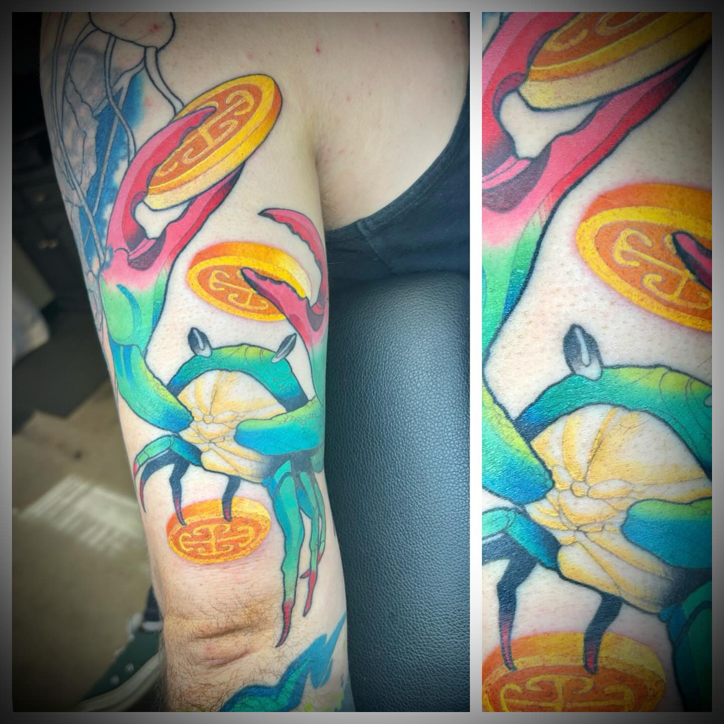 Crab new school tattoo on the forearm by Steve Hooker
