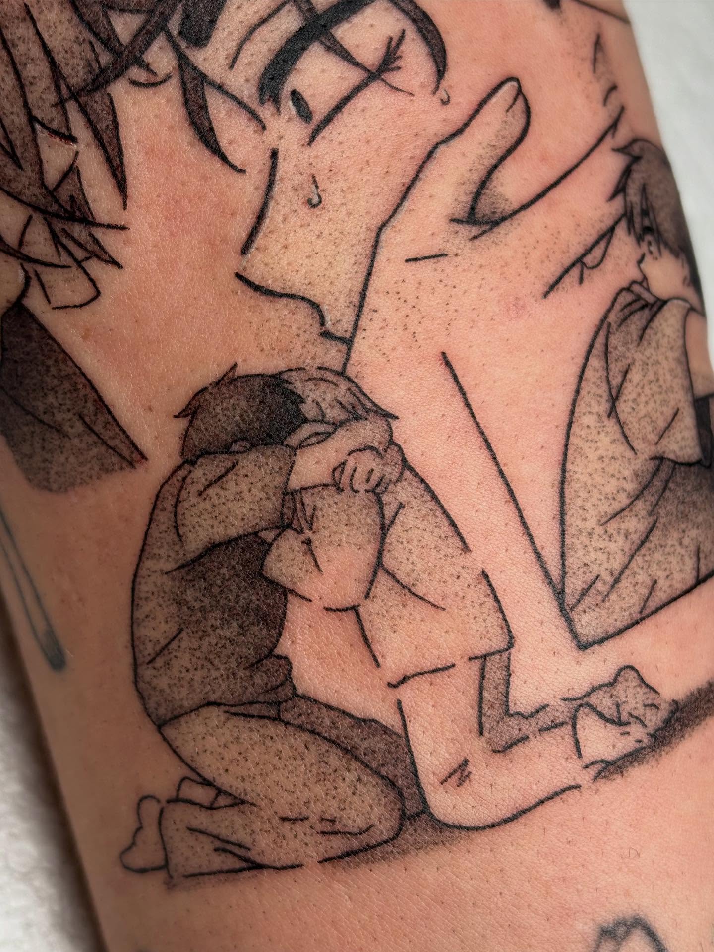 Anime characters dotwork tattoo on the thigh by mia aka chuu (◕ ˬ ◕ ✿)