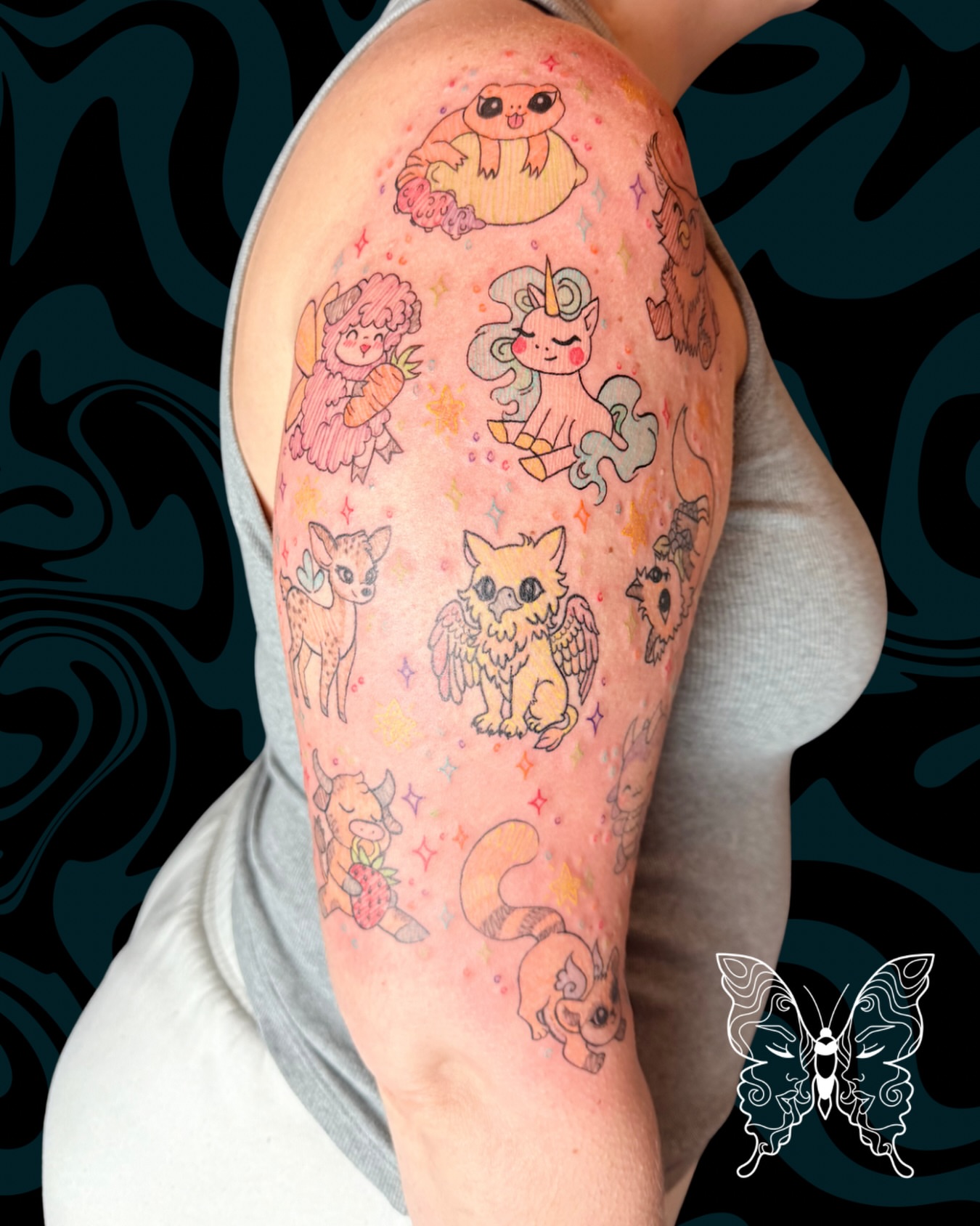 Kawaii characters dotwork tattoo on the forearm by Nicci