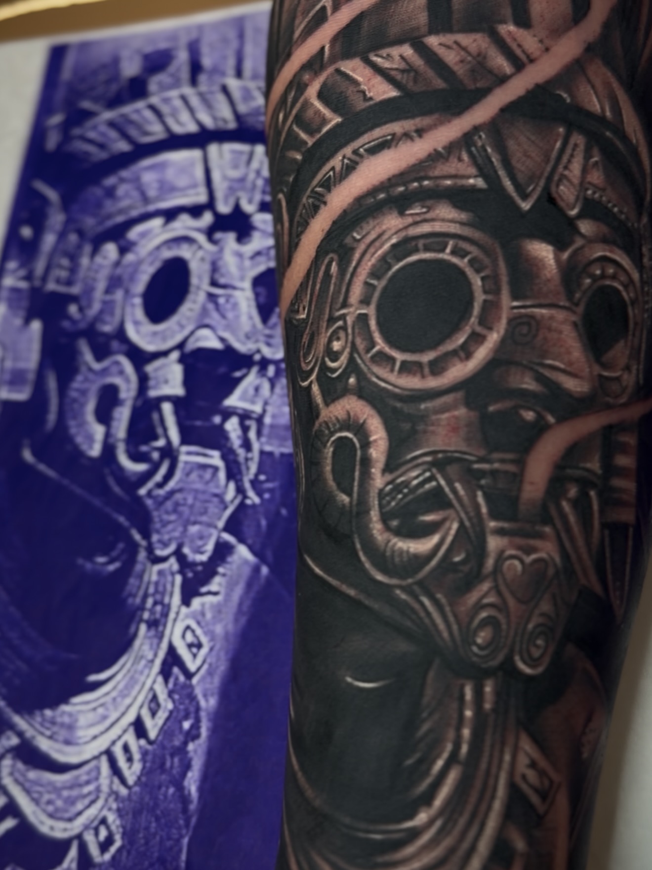 Mask realism tattoo on the forearm by Raul Rodriguez