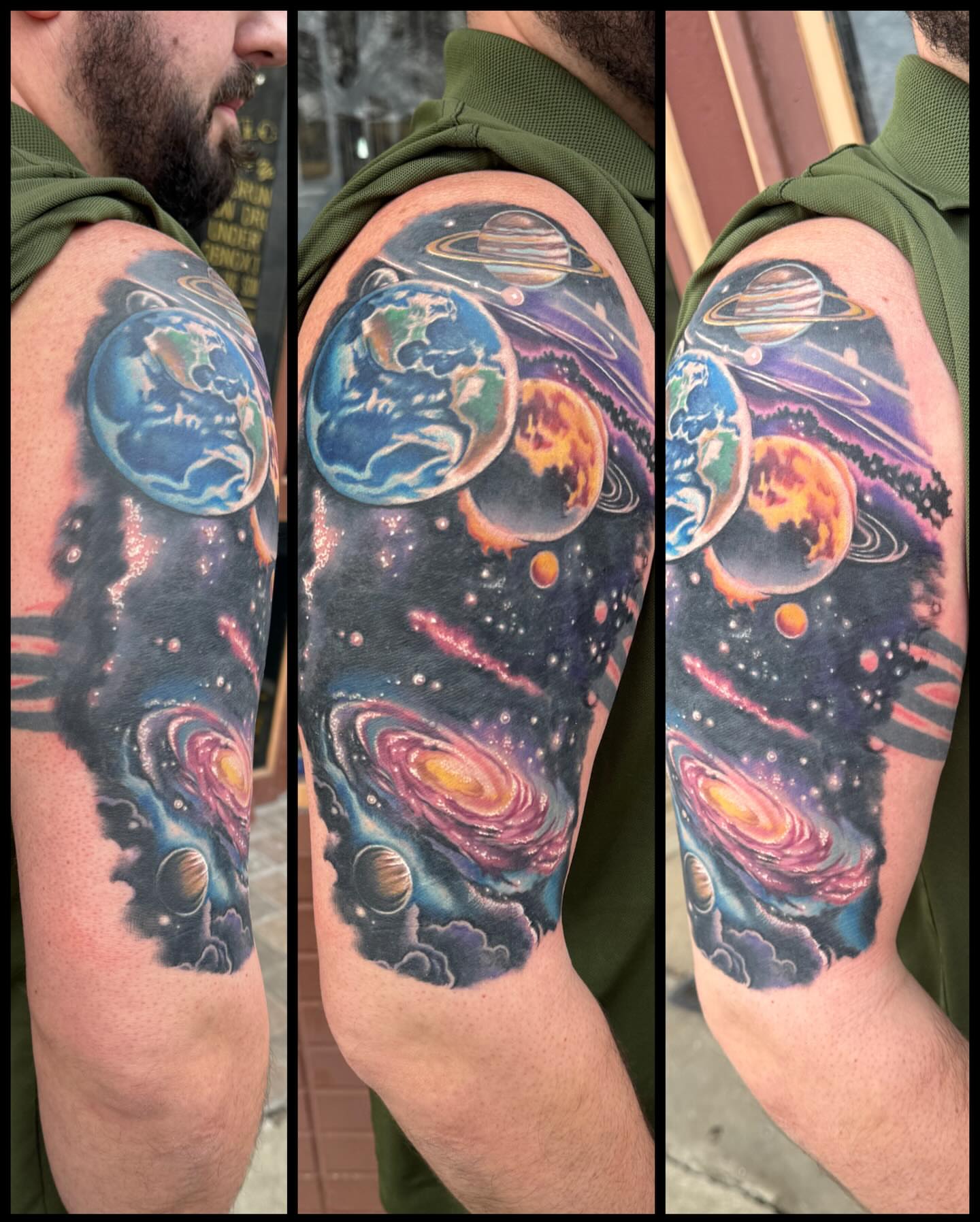 Space-themed tattoo realism tattoo on the upper arm by Paul Hicks