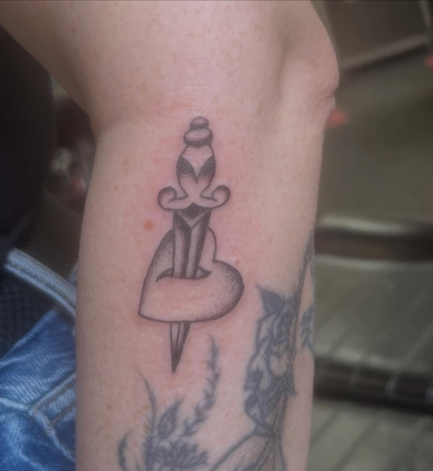 Chess piece black and grey tattoo on the forearm by Erika Donn, Portland, Oregon