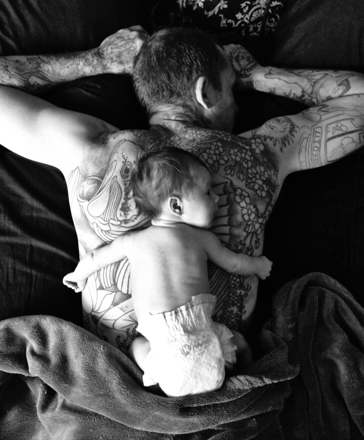 Baby black and grey tattoo on the torso by ๐ณ๐๐๐๐ข ๐ต๐๐๐๐๐๐