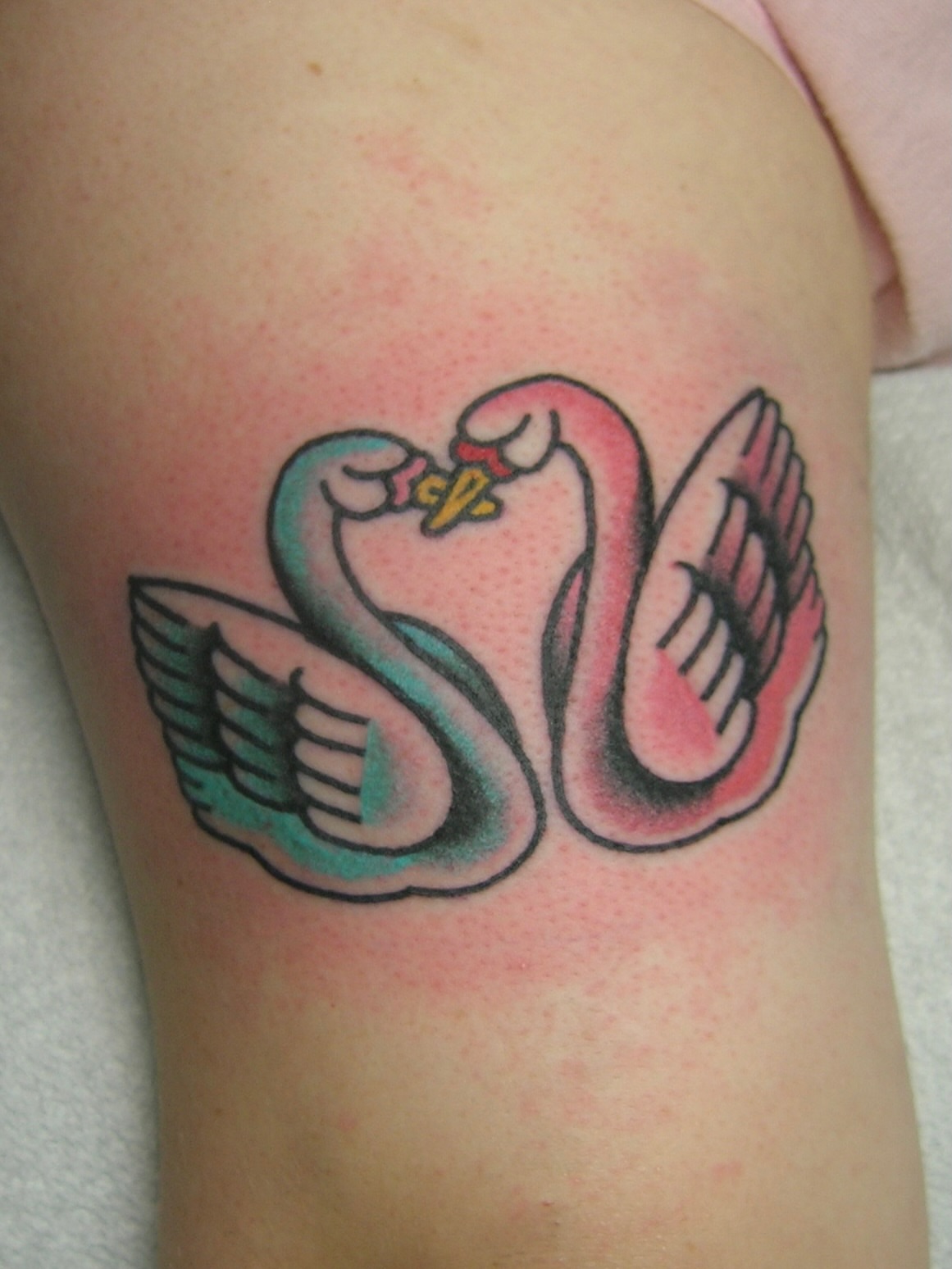 Swan American traditional tattoo on the thigh by edith🌷, Murfreesboro, Tennessee