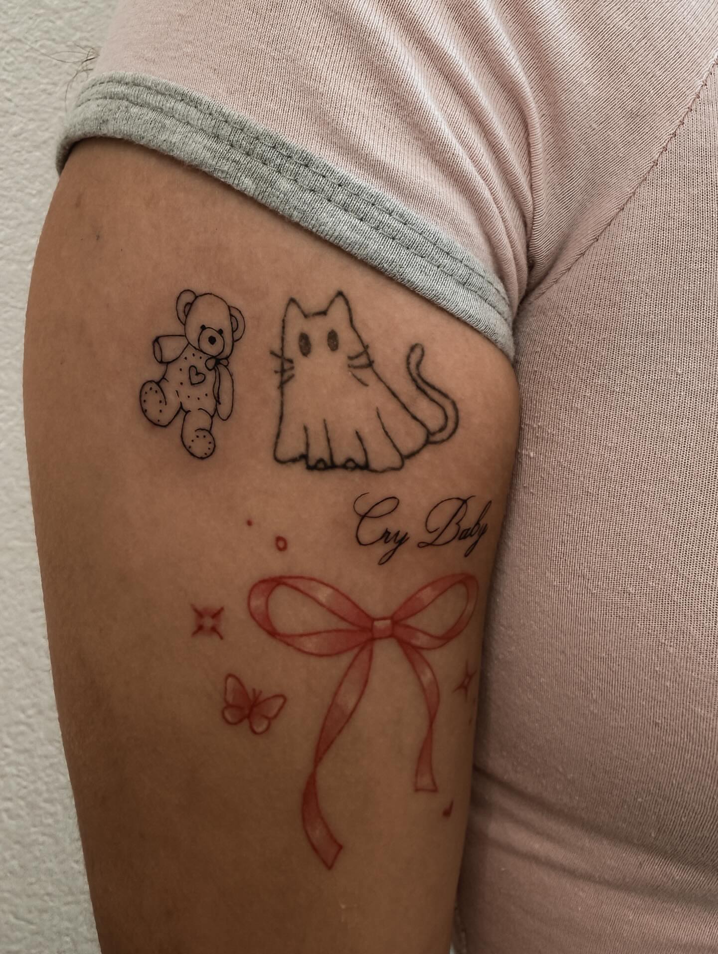 Cat and teddy bear dotwork tattoo on the forearm by π»ππ π
ππππ Tattoo Artist, Las Vegas, Nevada
