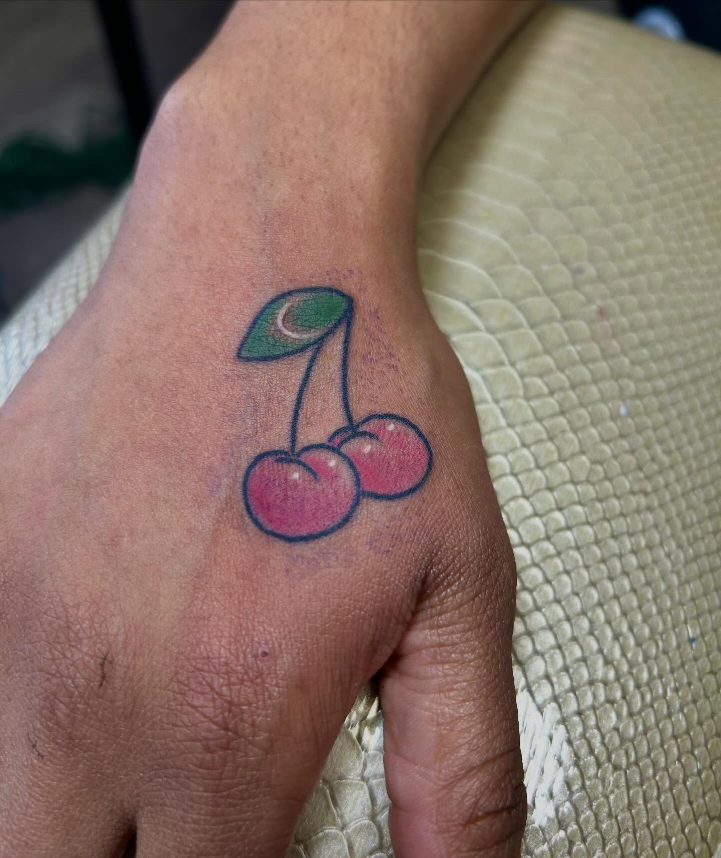 Cherry neo-traditional tattoo on the hand by darklord_666