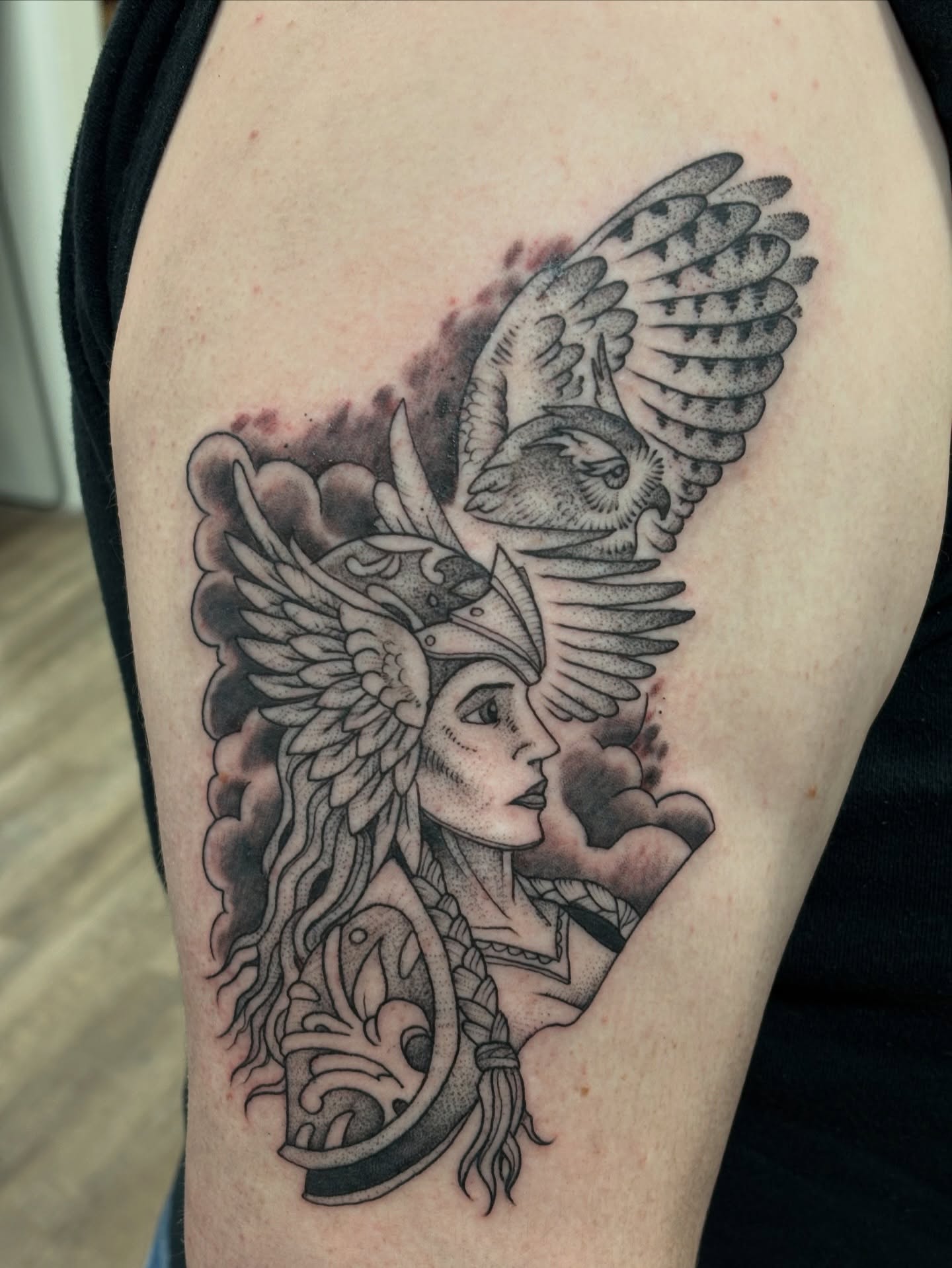 Woman with owl realism tattoo on the shoulder by Jason Allen, Avondale, Arizona