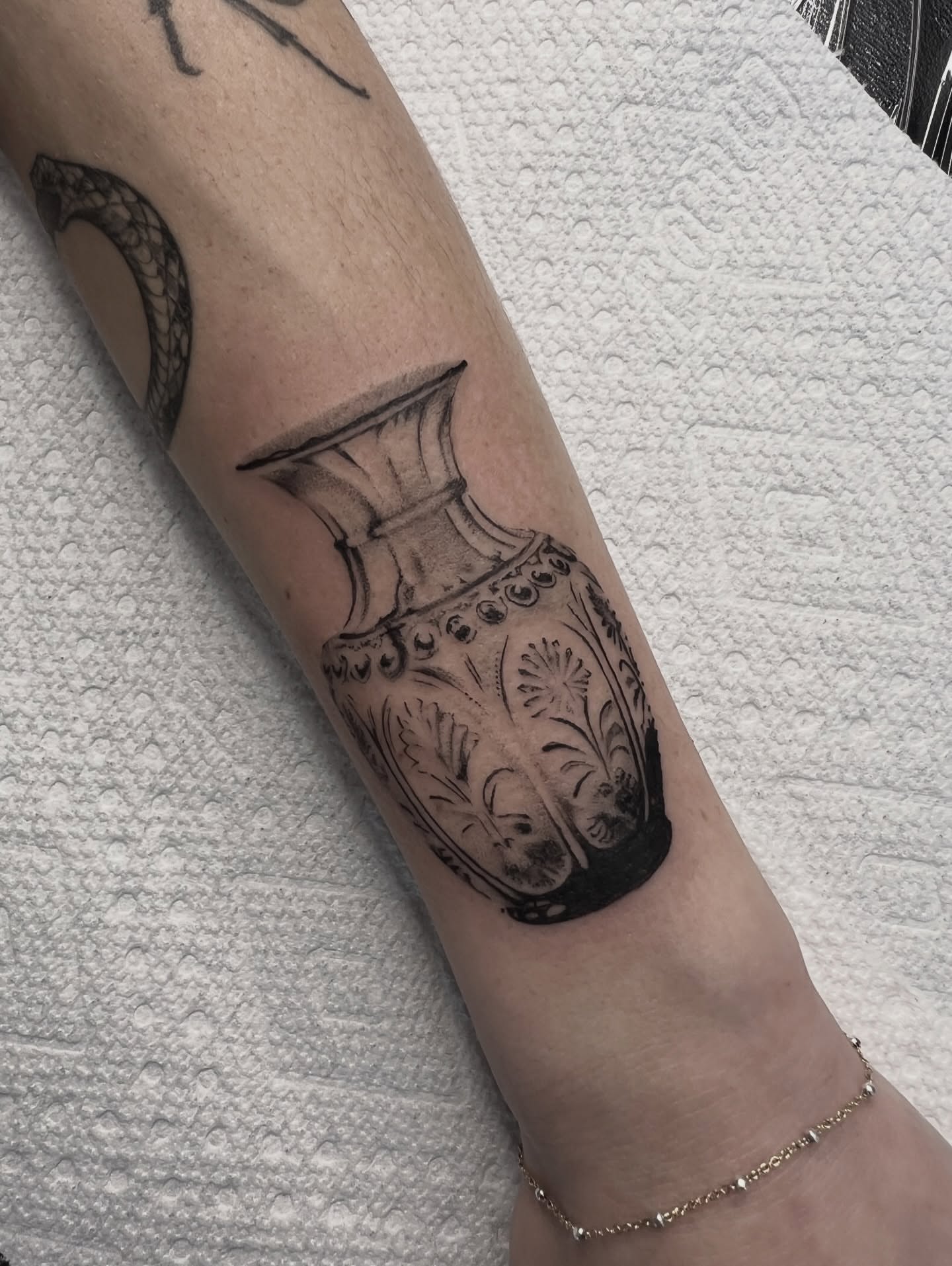 Vase black and grey tattoo on the forearm by ✶ H A N N A H K A y ✶