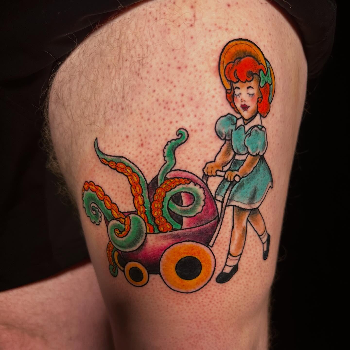Octopus and girl American traditional tattoo on the thigh by Erin McDavis