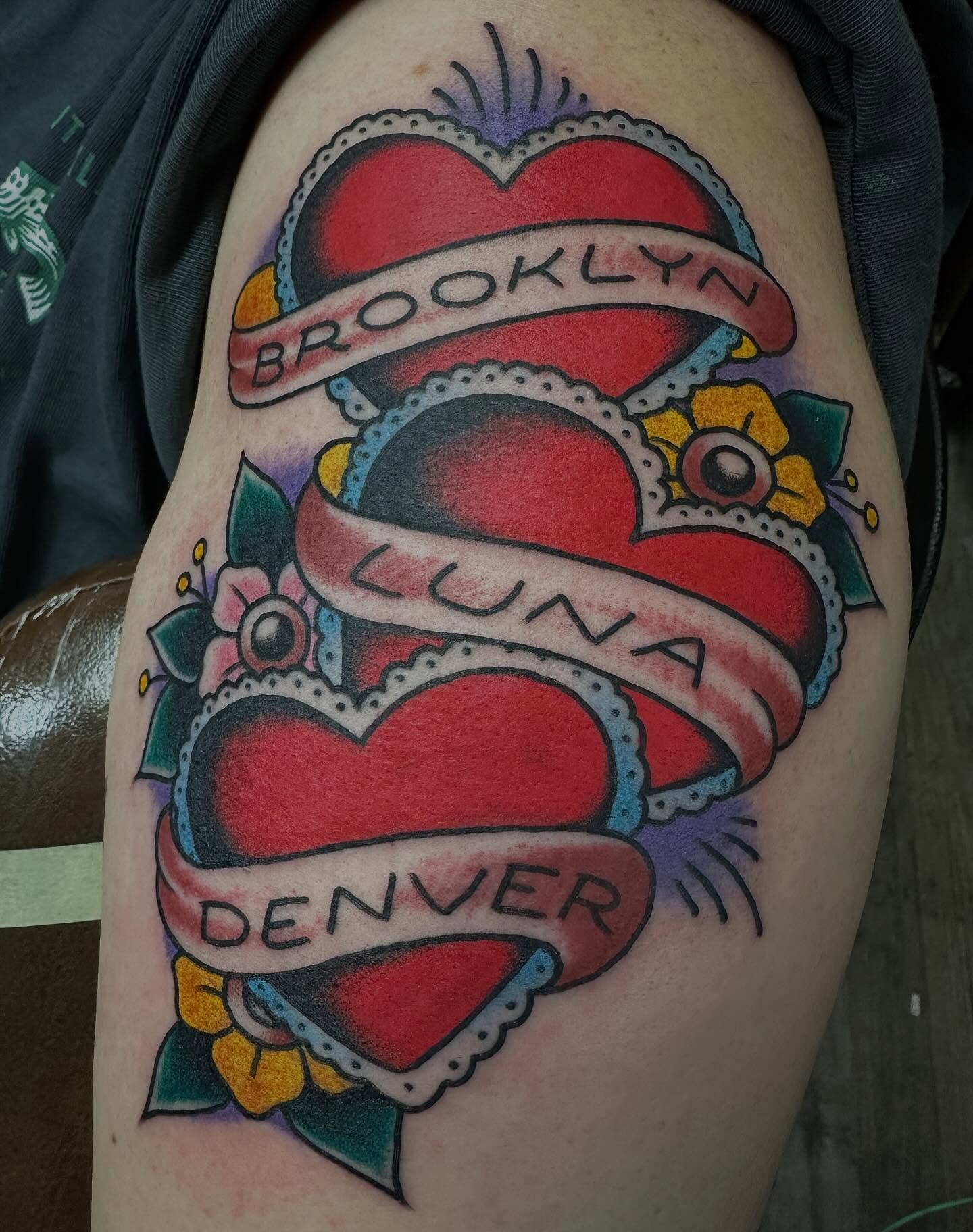 Three cities American traditional tattoo on the thigh by Devin Spenny
