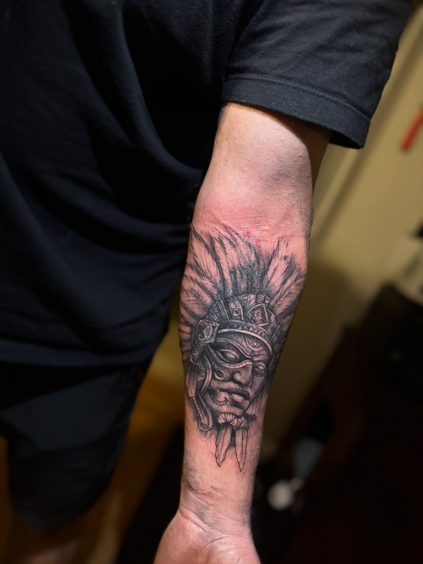 Indian headdress realism tattoo on the forearm by ๐ต๐๐๐๐๐๐๐ ๐ป๐๐๐๐