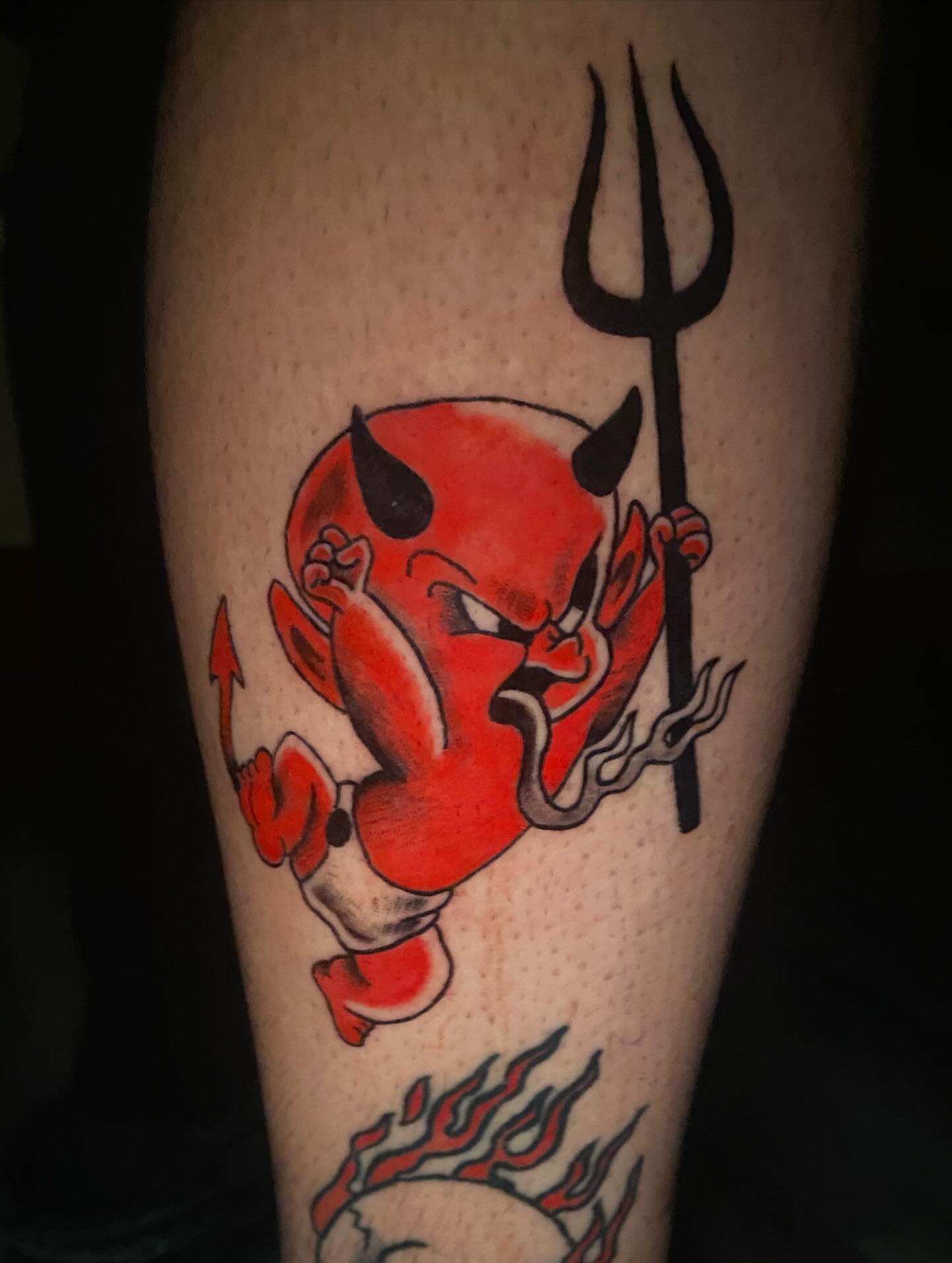 Red devil American traditional tattoo on the leg by 🐆Cam Feral Tattoos