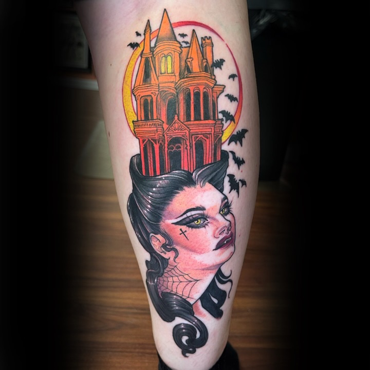 Woman with castle American traditional tattoo on the forearm by Anna Sylvan Tattoos