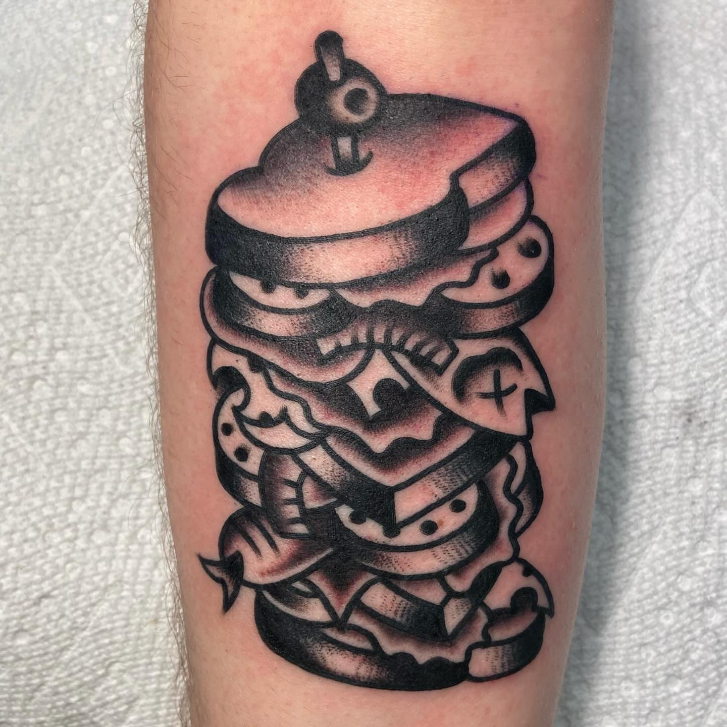 Sandwich American traditional tattoo on the forearm by Anthony Jaeger, Seattle, Washington