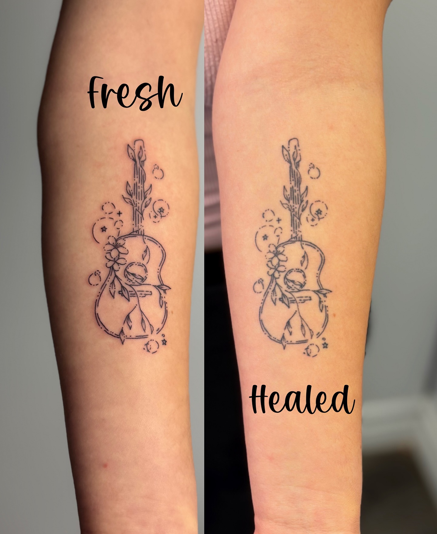 Acoustic guitar and floral arrangement black and grey tattoo on the forearm by Mandy Kaur
