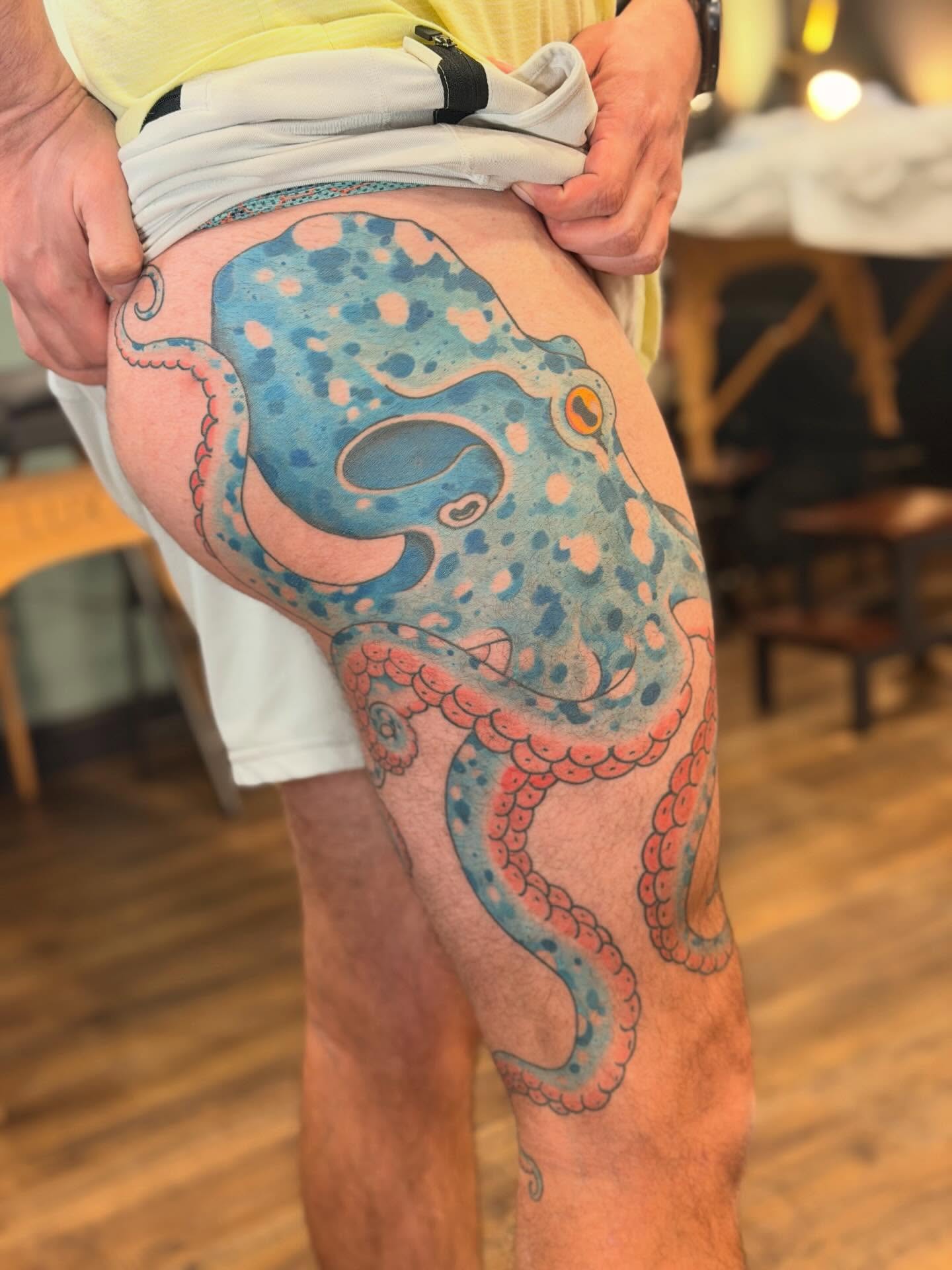 Octopus dotwork tattoo on the thigh by English Cousins, Nashville, Tennessee
