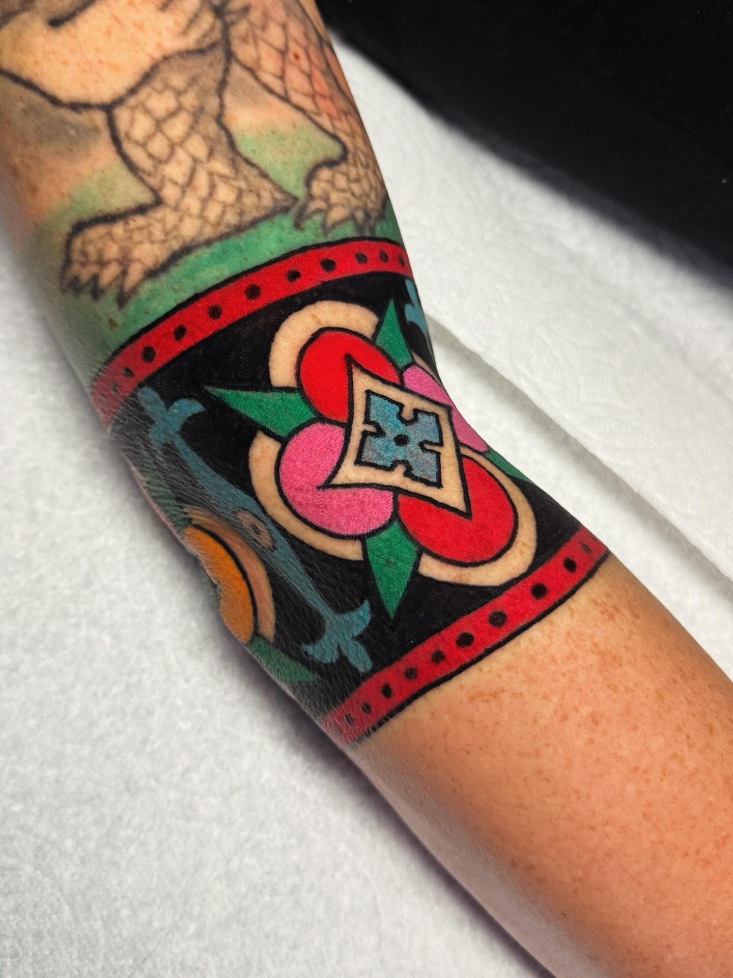 Geometric floral geometric tattoo on the forearm by Britt Kuechenmeister, Culver City, California