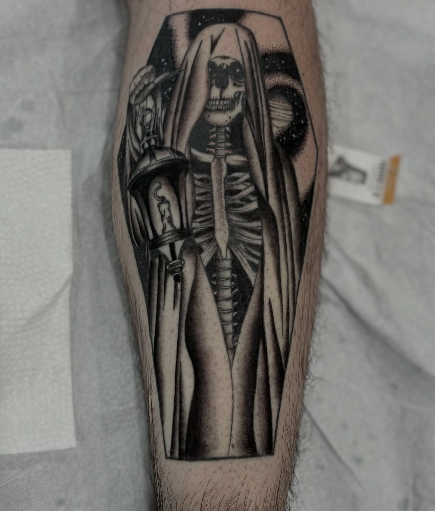Skeleton in cloak dotwork tattoo on the forearm by Elise Lamoureux- Tattoo Artist, Airdrie, Alberta