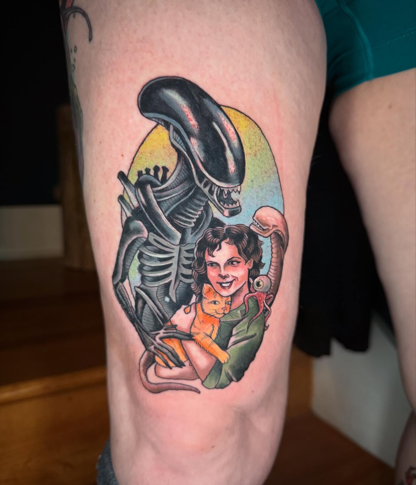 Alien Xenomorph and Ellen Ripley realism tattoo on the thigh by Katy Bisby