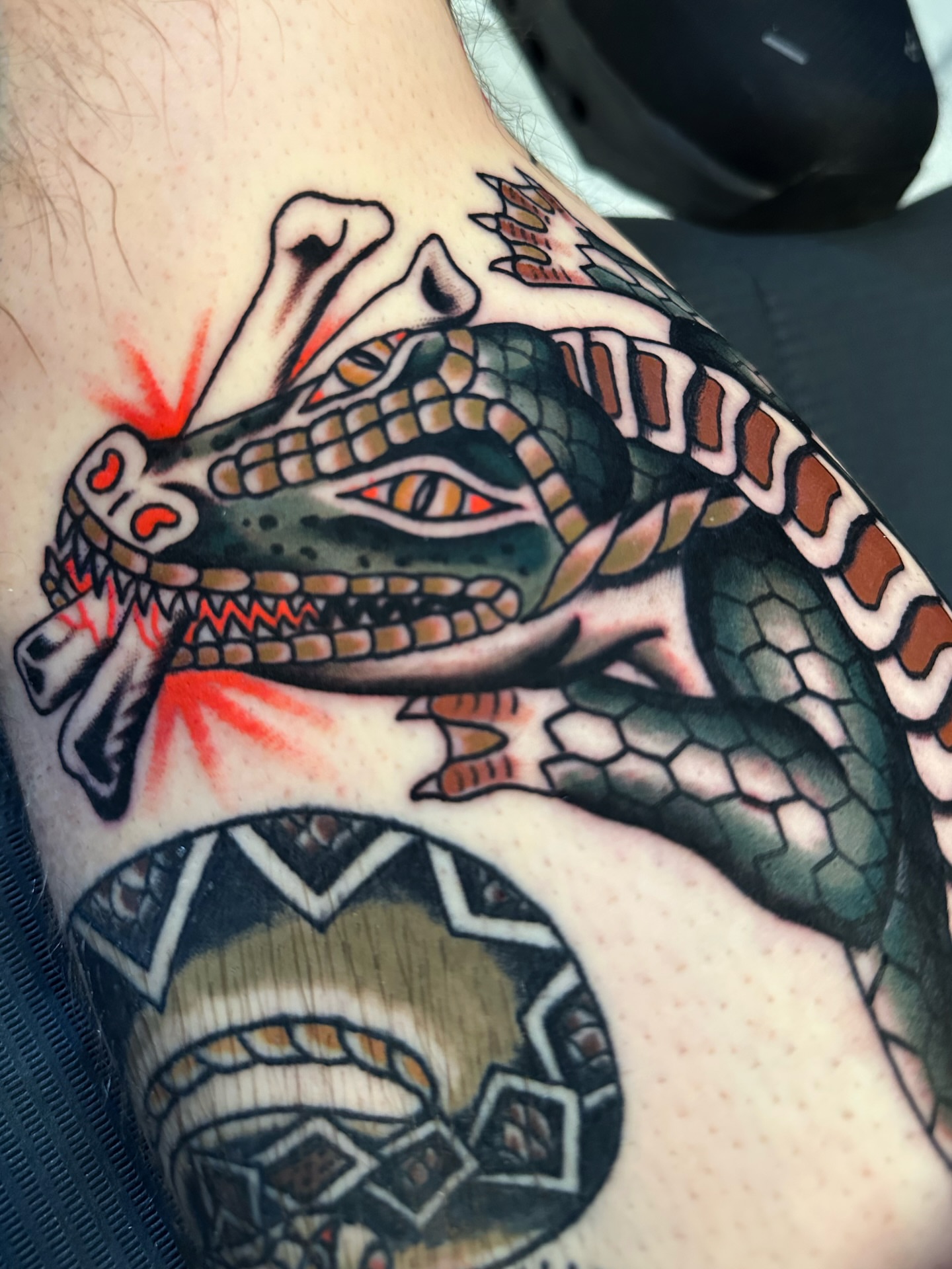 Snake American traditional tattoo on the forearm by A.j. Lingerfeldt, Nashville, Tennessee