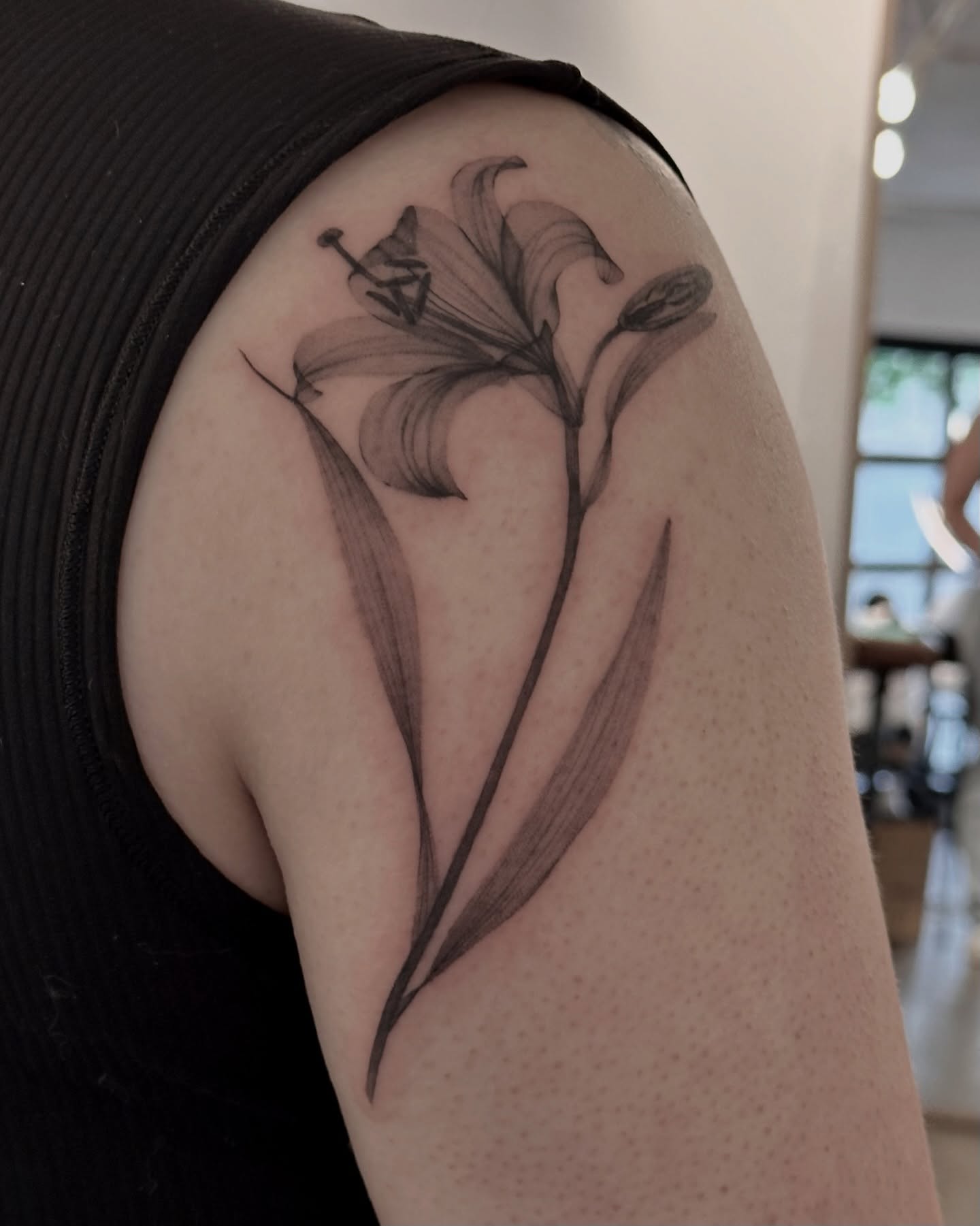 Lily black and grey tattoo on the shoulder by Soohee Jin✨ NYC tattoo artist