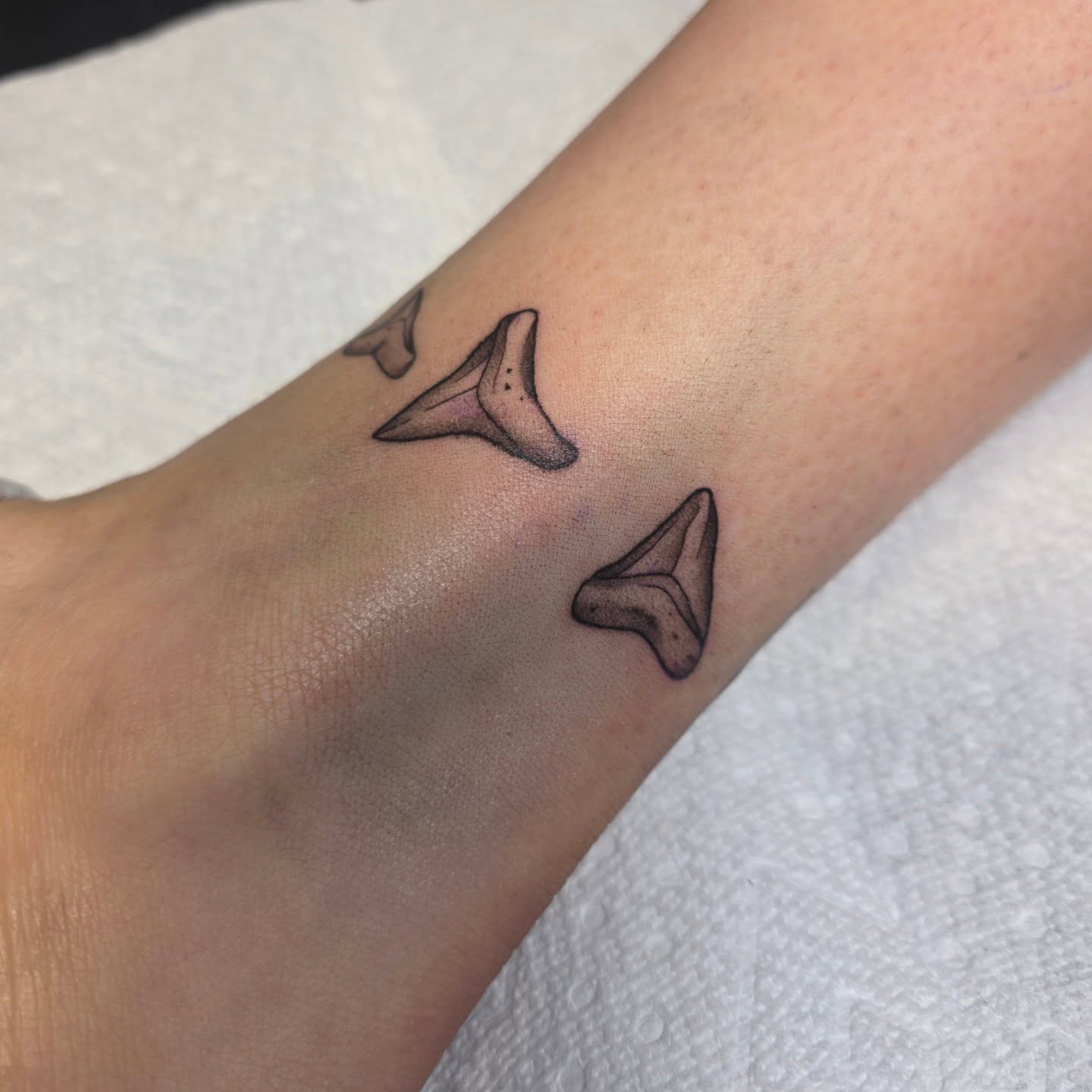 Shark teeth black and grey tattoo on the forearm by Cassieal Welch