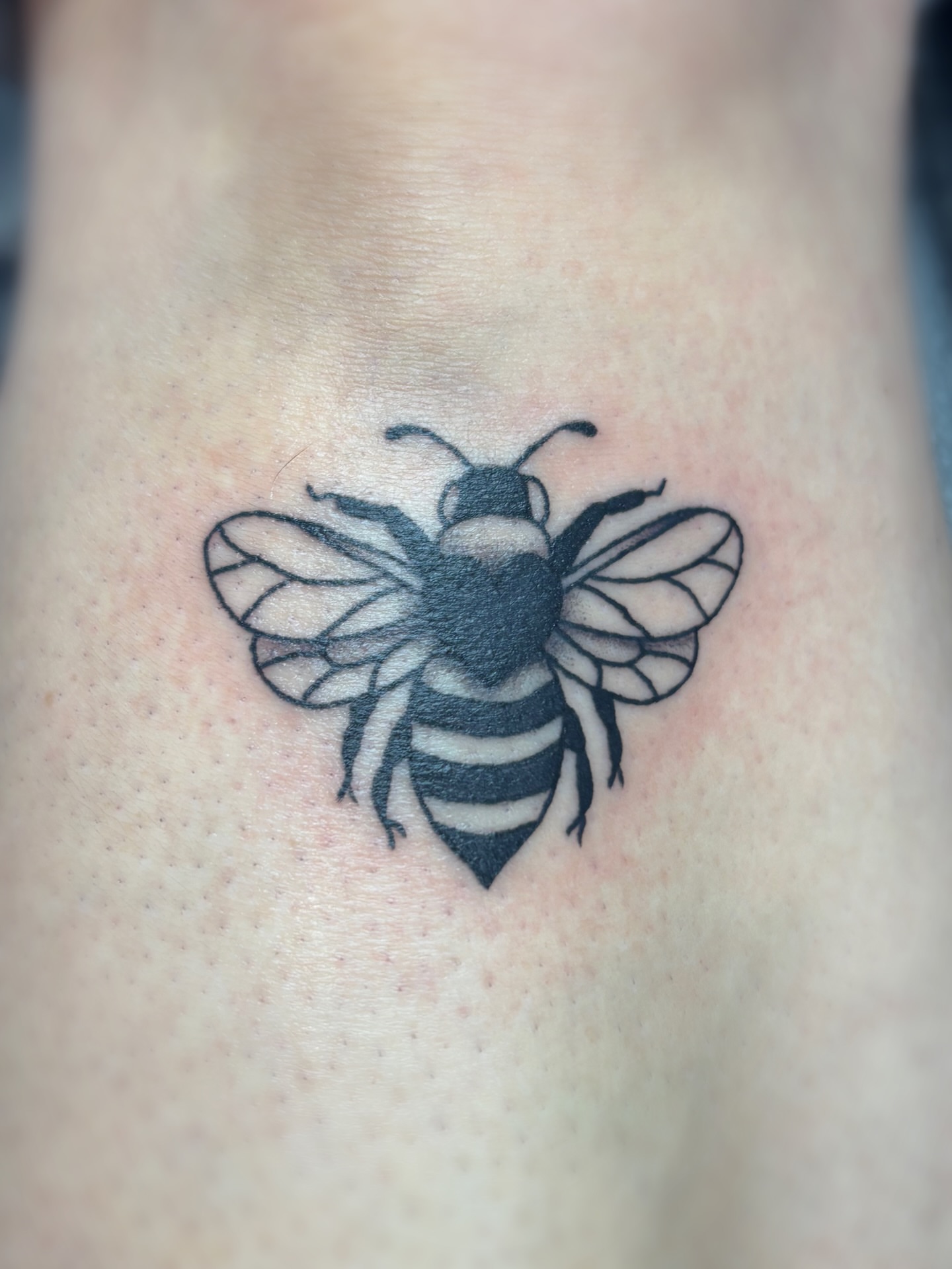 Bee black and grey tattoo on the forearm by Bree Burgess
