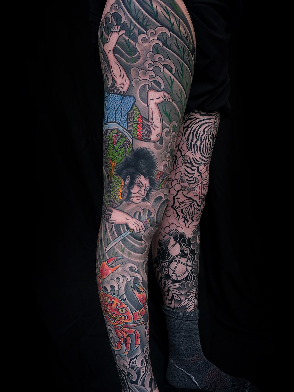 Samurai warrior japanese irezumi tattoo on the leg by Erick Lynch, Cambridge, Massachusetts