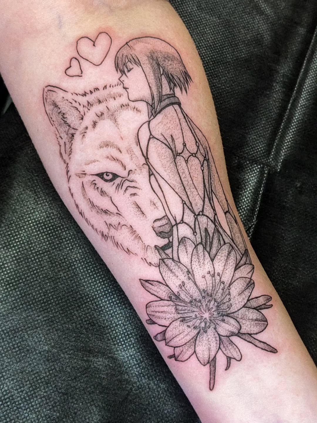 Wolf and girl dotwork tattoo on the forearm by robin ✨ portland tattoo artist