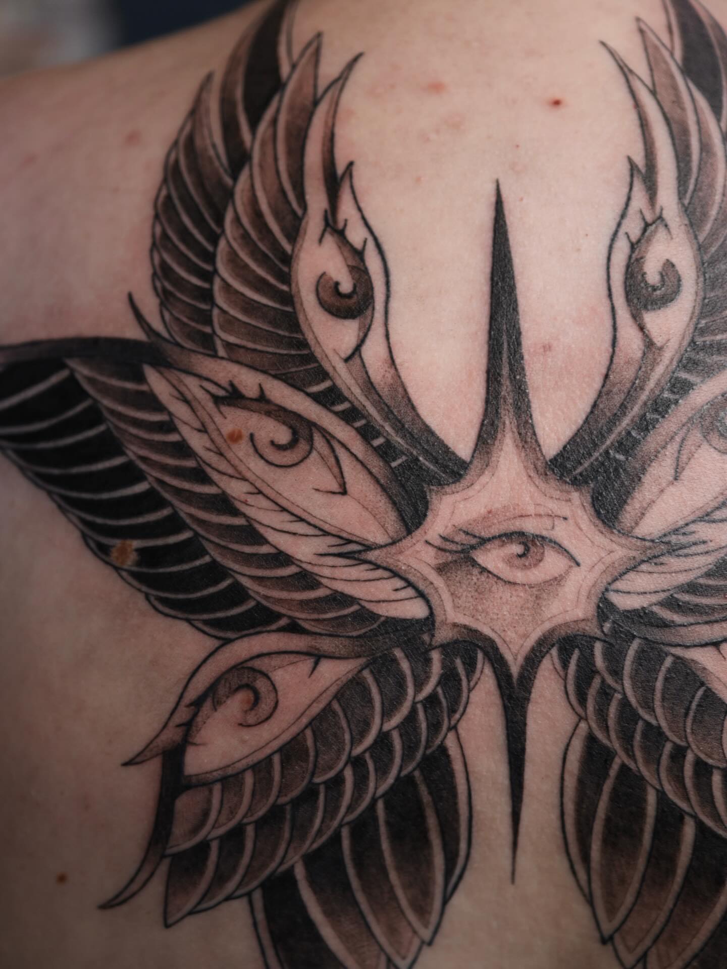 Phoenix black and grey tattoo on the shoulder by morgan purcey