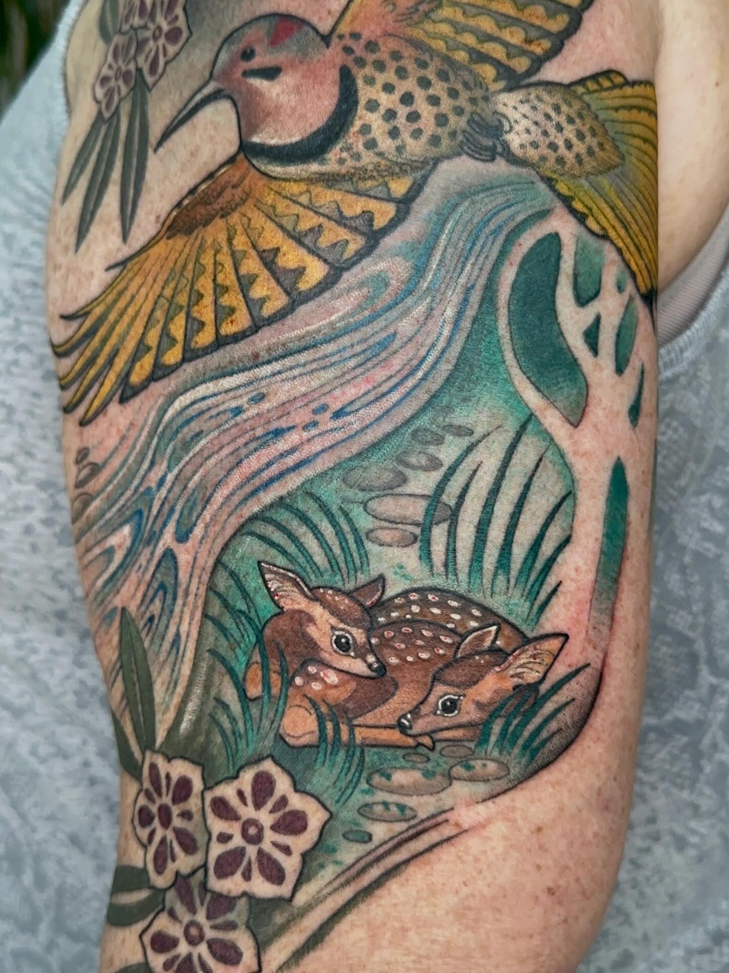 Deer and bird American traditional tattoo on the forearm by Samantha Castrovinci, Durham, North Carolina