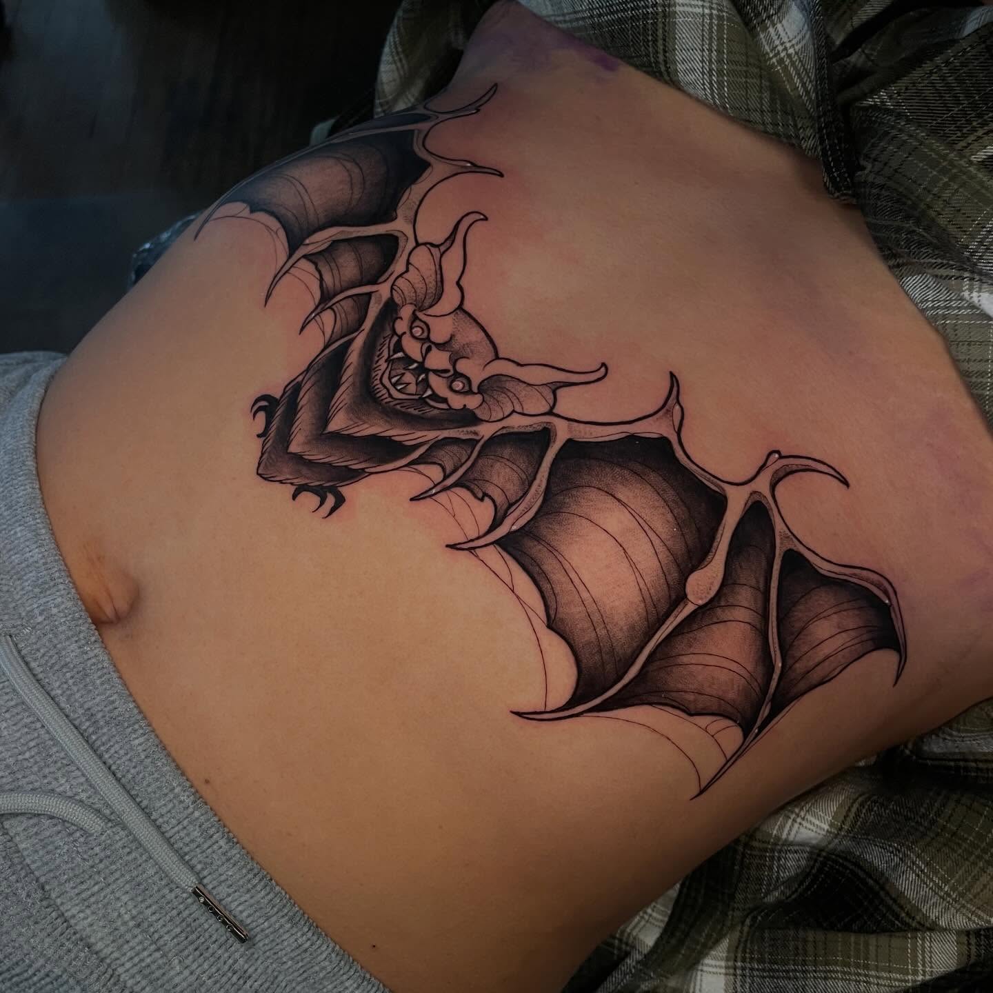 Demon dark realism tattoo on the shoulder by Lauren Sisouphanh, Canton, Ohio
