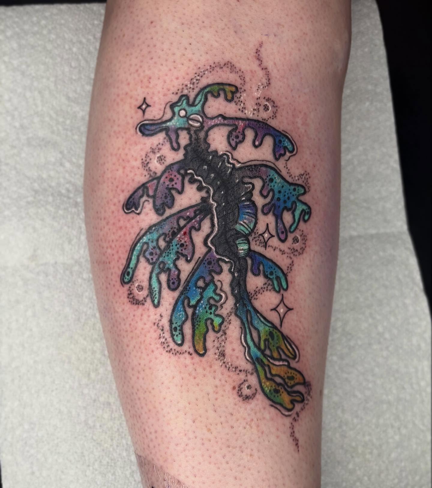 Weedy seadragon dotwork tattoo on the forearm by destiney rose