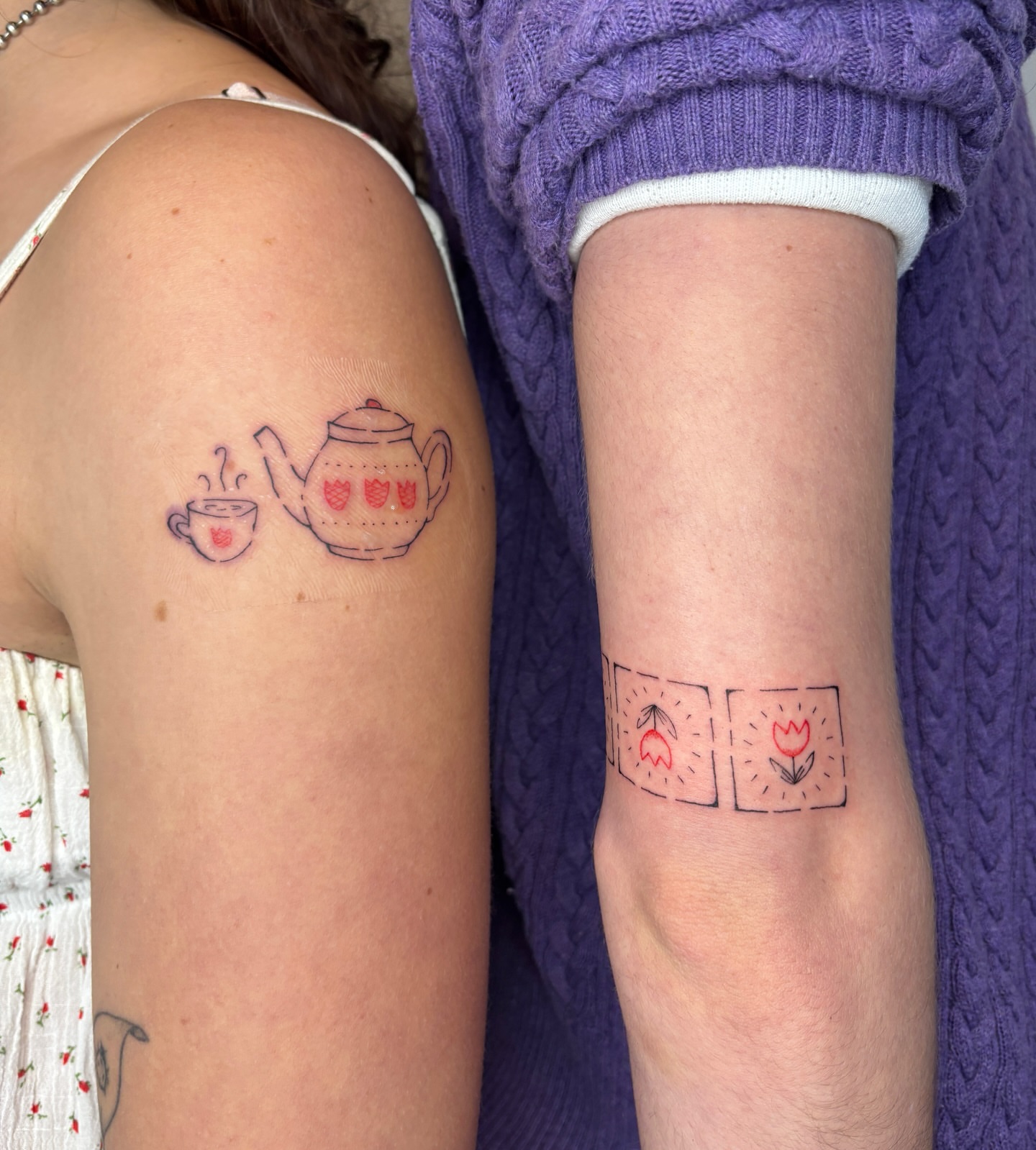 Teapot and cup dotwork tattoo on the upper arm by Raye