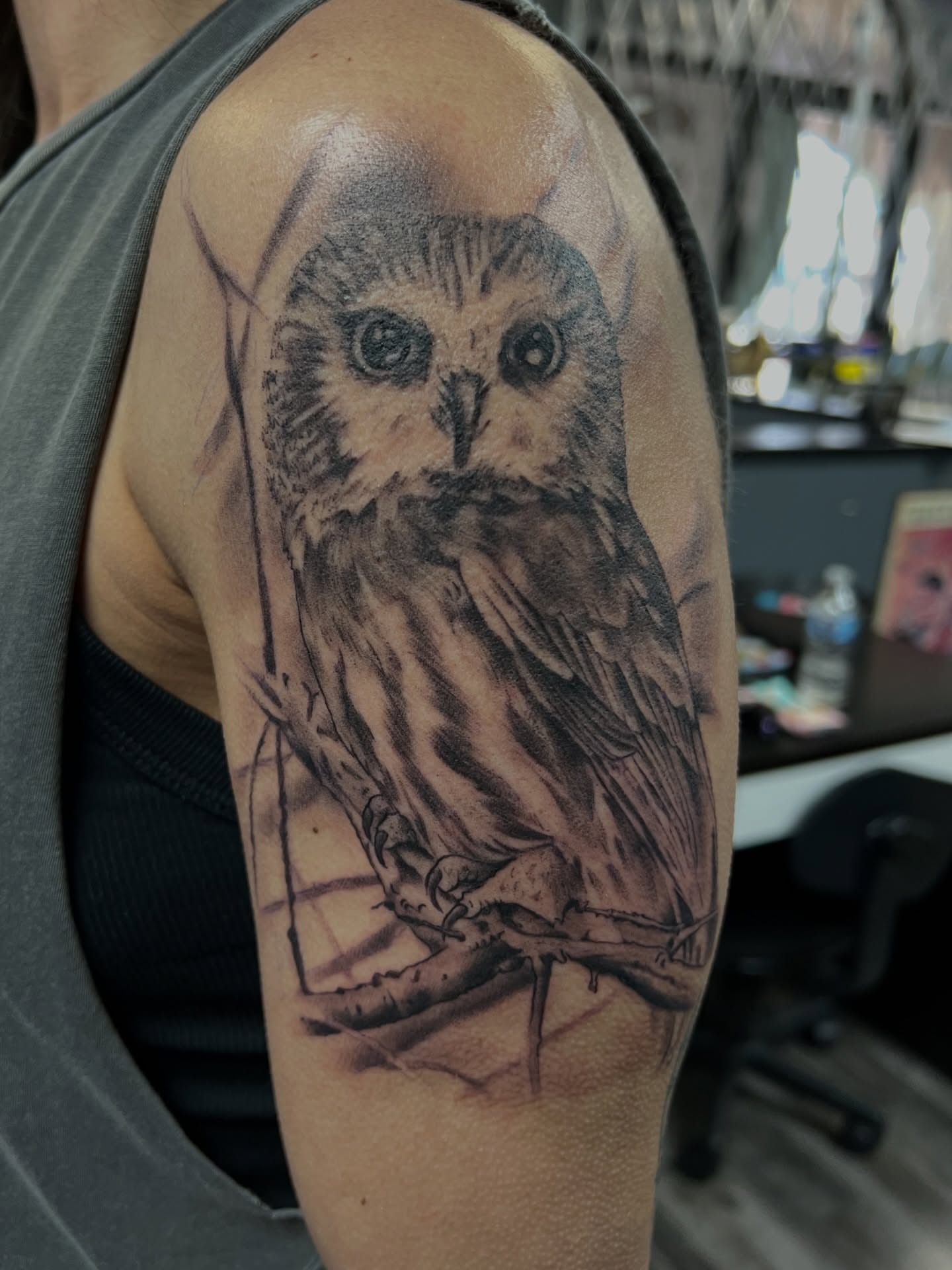 Owl realism tattoo on the forearm by Jericho Las Vegas tattoo artist, Las Vegas, Nevada