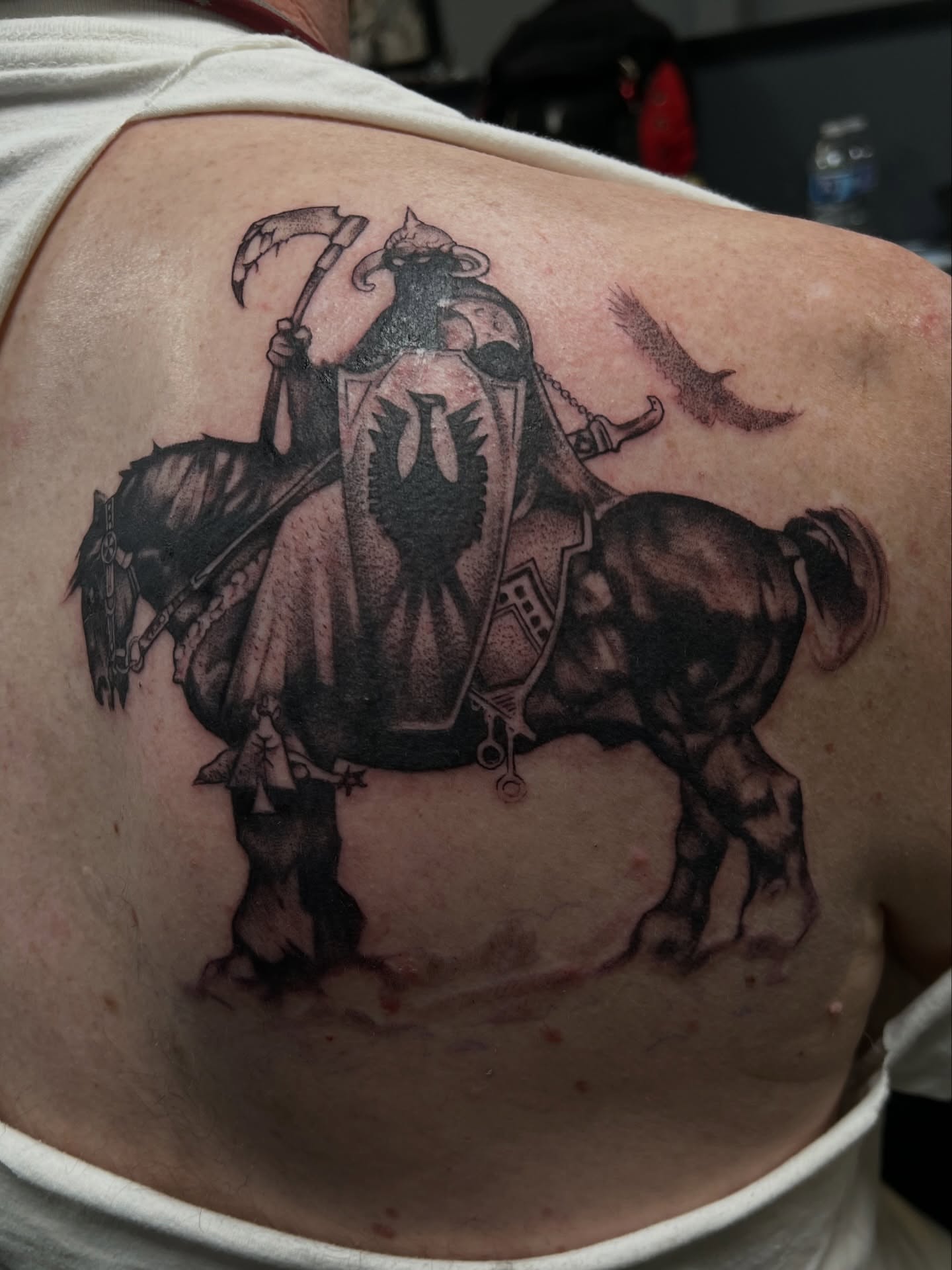 Warrior on horseback black and grey tattoo on the shoulder by Jericho Las Vegas tattoo artist, Las Vegas, Nevada