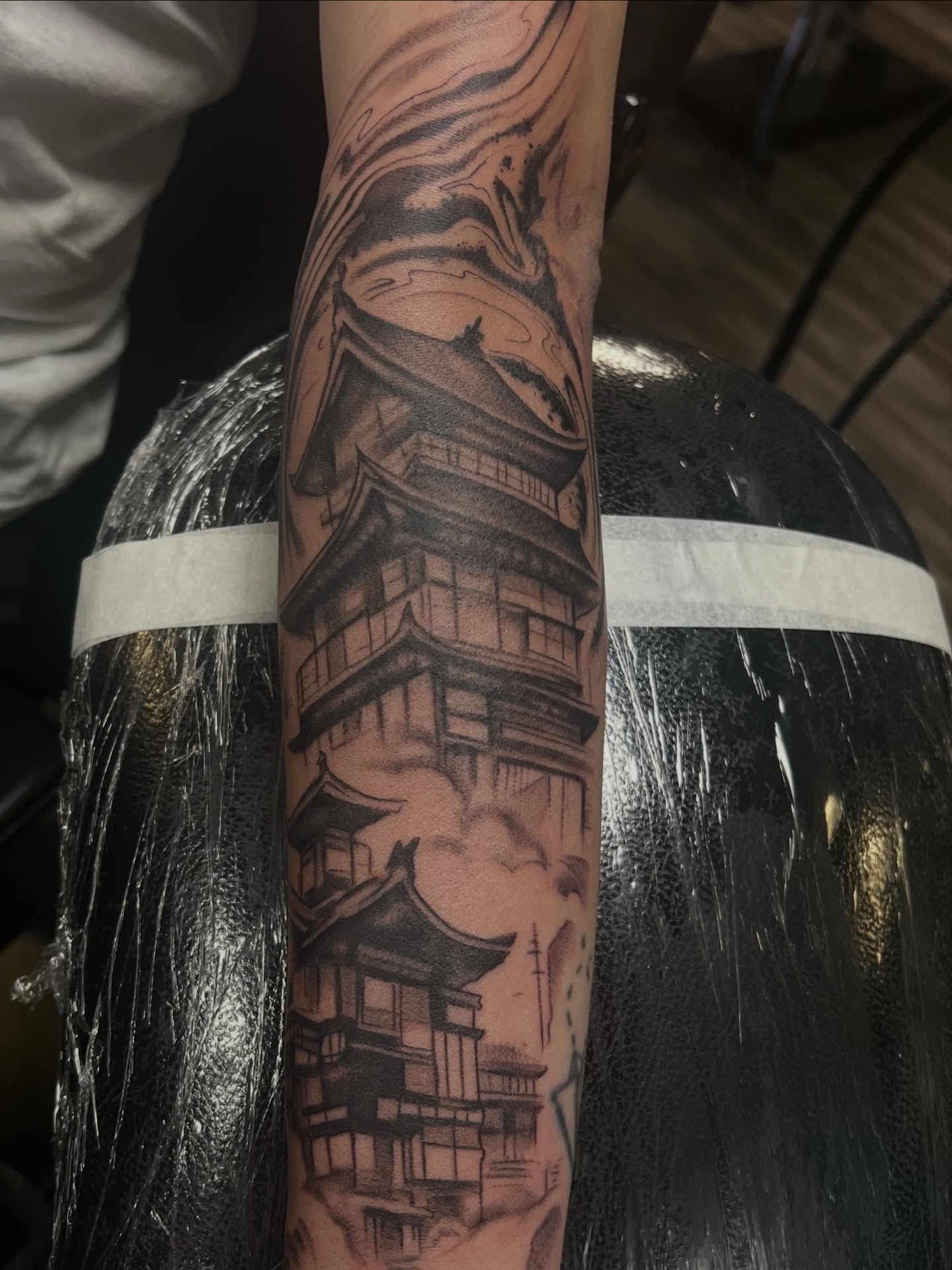 Ancient building black and grey tattoo on the forearm by Jericho Las Vegas tattoo artist, Las Vegas, Nevada